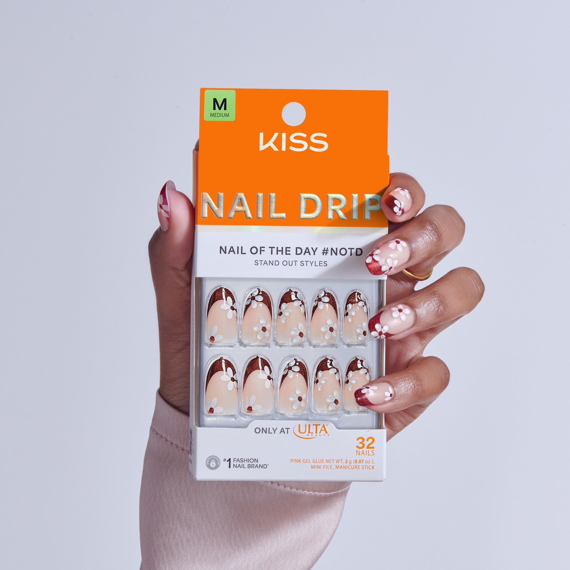 KISS Nail Drip medium press-on nails with burgundy and white floral design, 32 count.