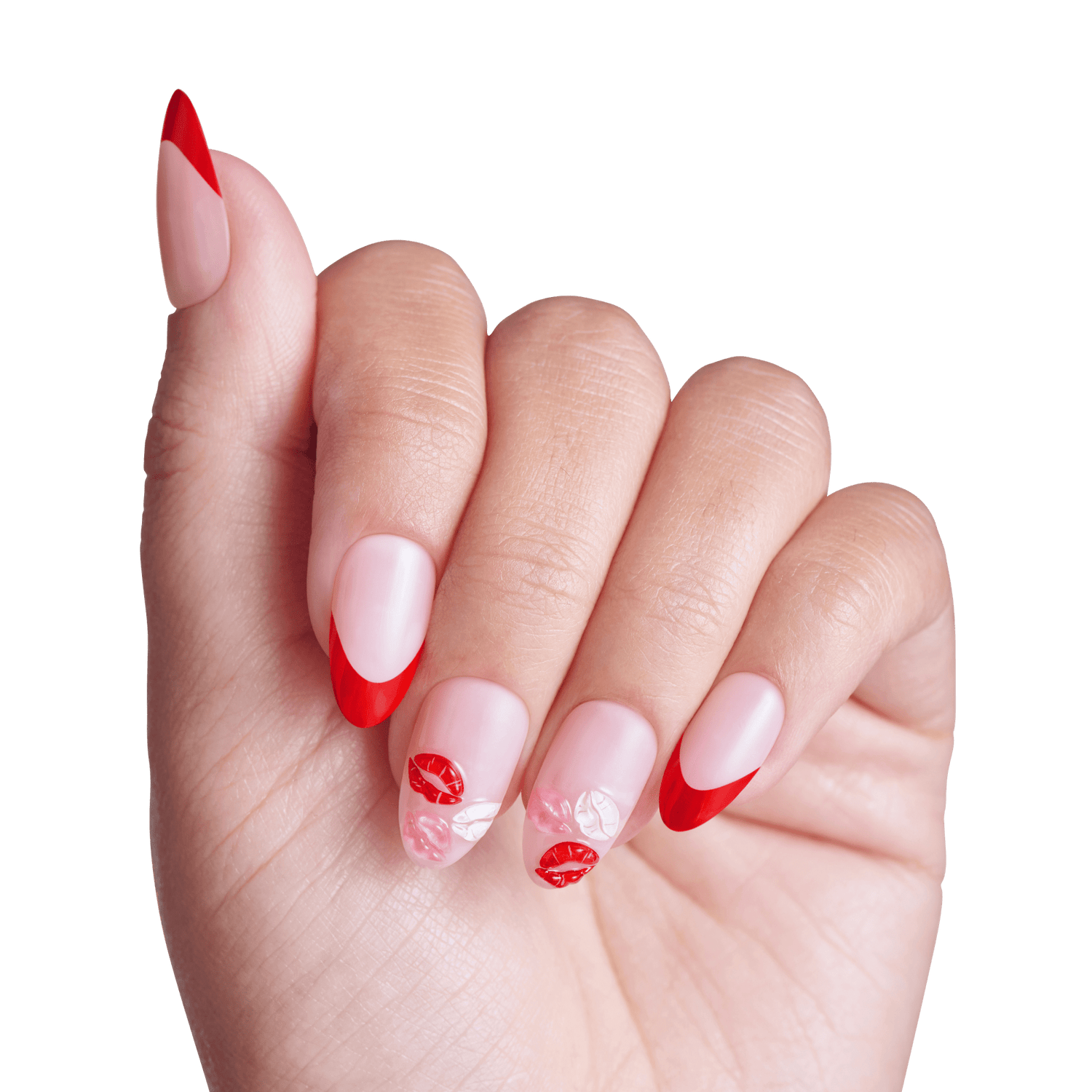 Red and pink ombre manicure with lip nail art on almond-shaped nails.