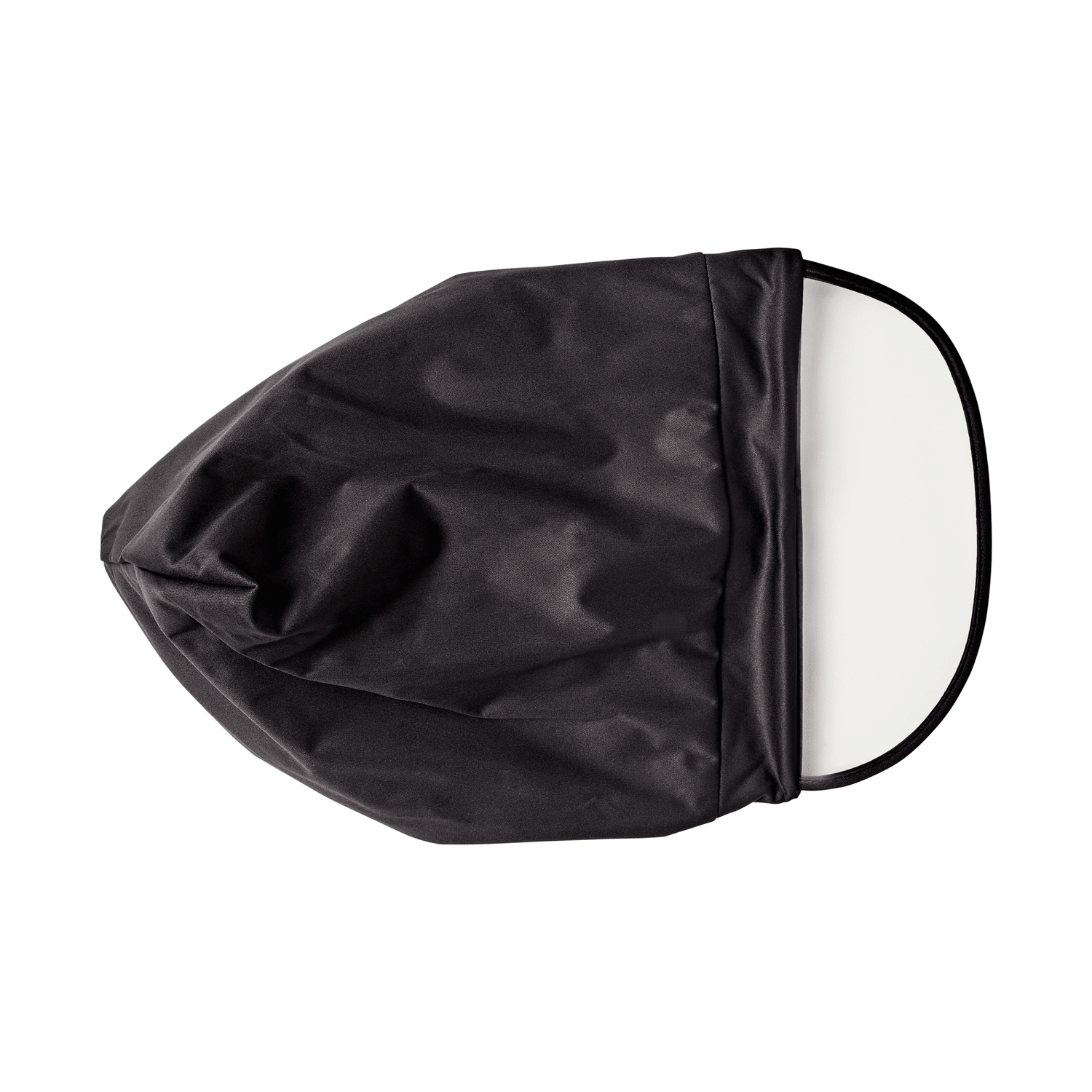 Black satin-lined rain cap shown flat with an elastic edge, designed to protect hair during wet weather.