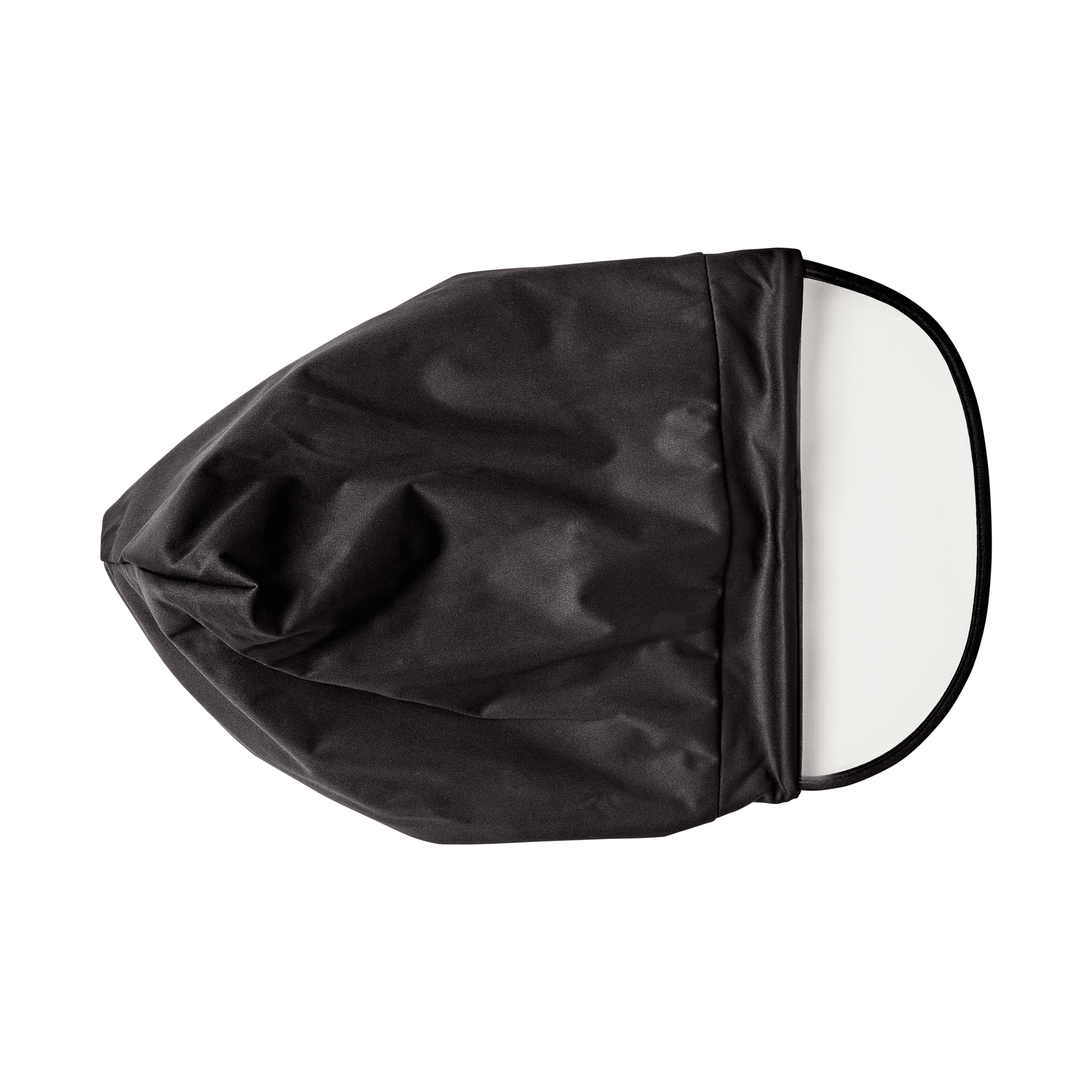 Black satin-lined rain cap shown flat with an elastic edge, designed to protect hair during wet weather.