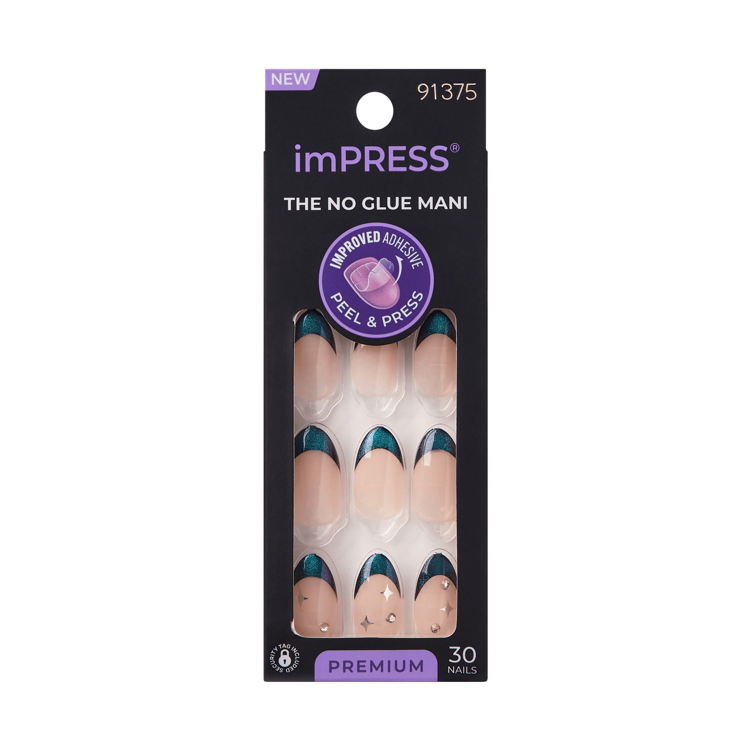 imPRESS Press-On Nails with teal and nude design, 30 nails, no glue required.