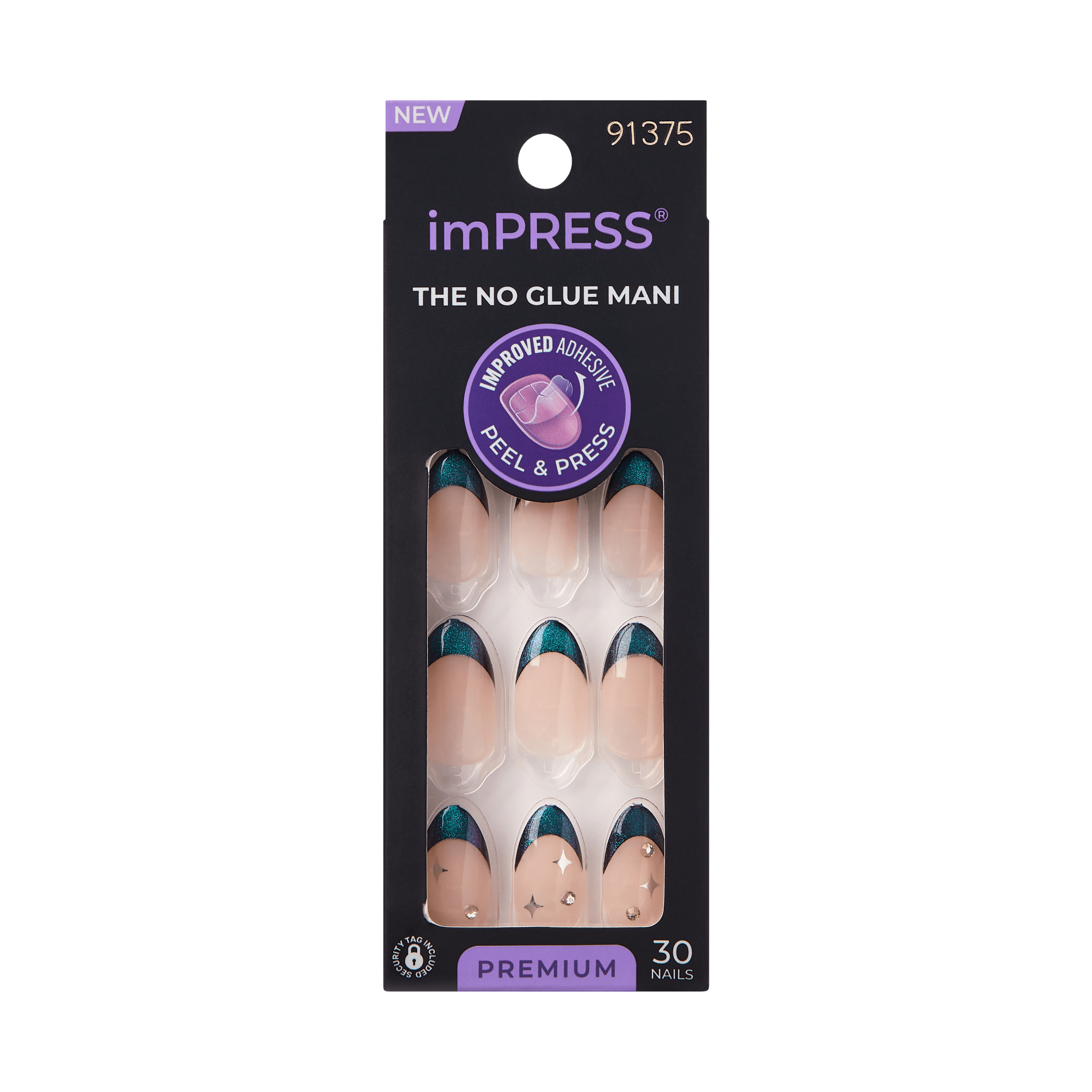 imPRESS Press-On Nails with teal and nude design, 30 nails, no glue required.