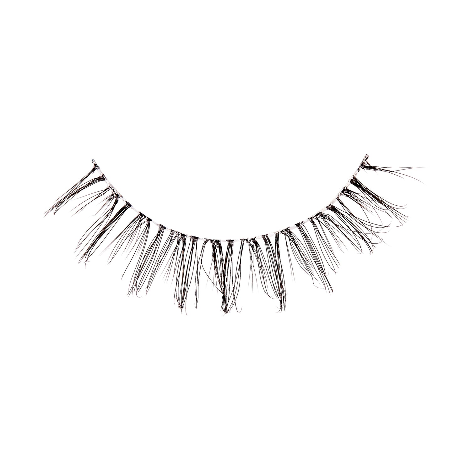 The image shows a single strip of false eyelashes. The eyelashes are arranged in a semi-circular shape, designed to mimic the natural curve of the eyelid. The lashes are long, wispy, and appear to be made of synthetic fibers. They are spaced evenly along the strip, with some lashes being slightly longer than others to create a more natural and voluminous look. The base of the strip is thin and flexible, allowing for easy application to the eyelid.