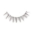 The image shows a single strip of false eyelashes. The eyelashes are arranged in a semi-circular shape, designed to mimic the natural curve of the eyelid. The lashes are long, wispy, and appear to be made of synthetic fibers. They are spaced evenly along the strip, with some lashes being slightly longer than others to create a more natural and voluminous look. The base of the strip is thin and flexible, allowing for easy application to the eyelid.