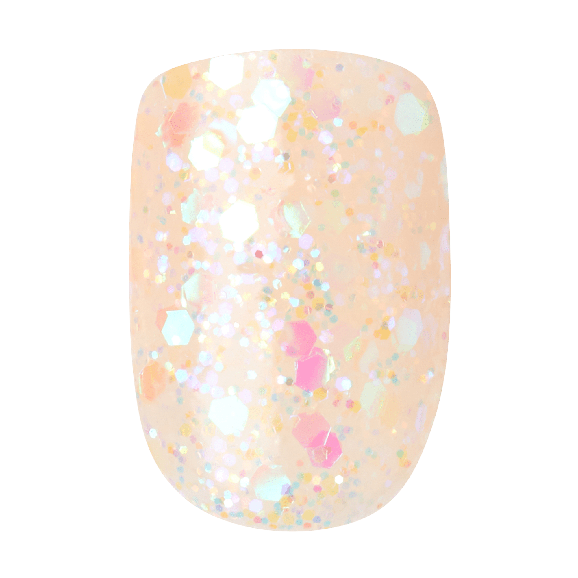 Peach-toned press-on nail with iridescent hexagonal glitter in various sizes, creating a sparkling, festive look.