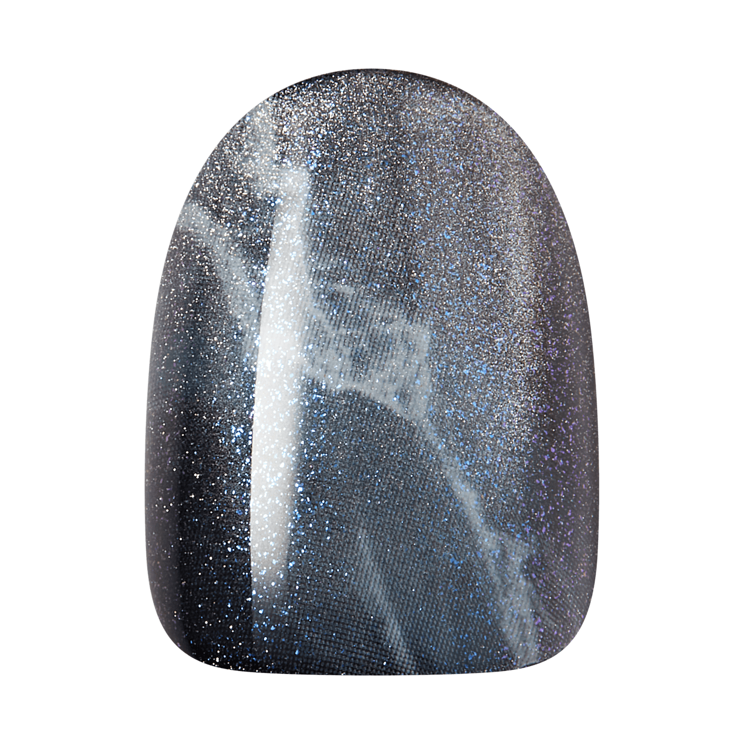 The image features a nail design that showcases a glossy, dark base with a shimmering, galaxy-like effect. The surface is adorned with fine glitter particles that create a starry appearance, blending shades of black, silver, and hints of purple. The overall look is elegant and cosmic, reminiscent of a night sky filled with stars.