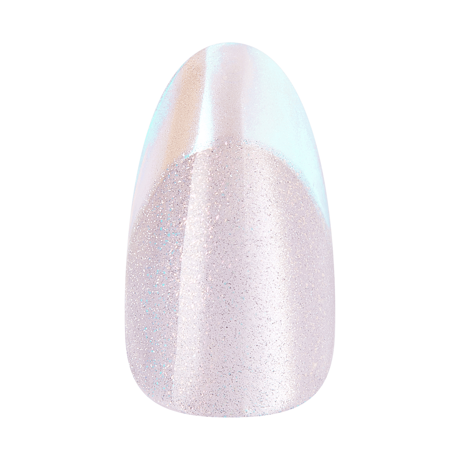 Oval gel nail polish in iridescent pale pink with glitter finish