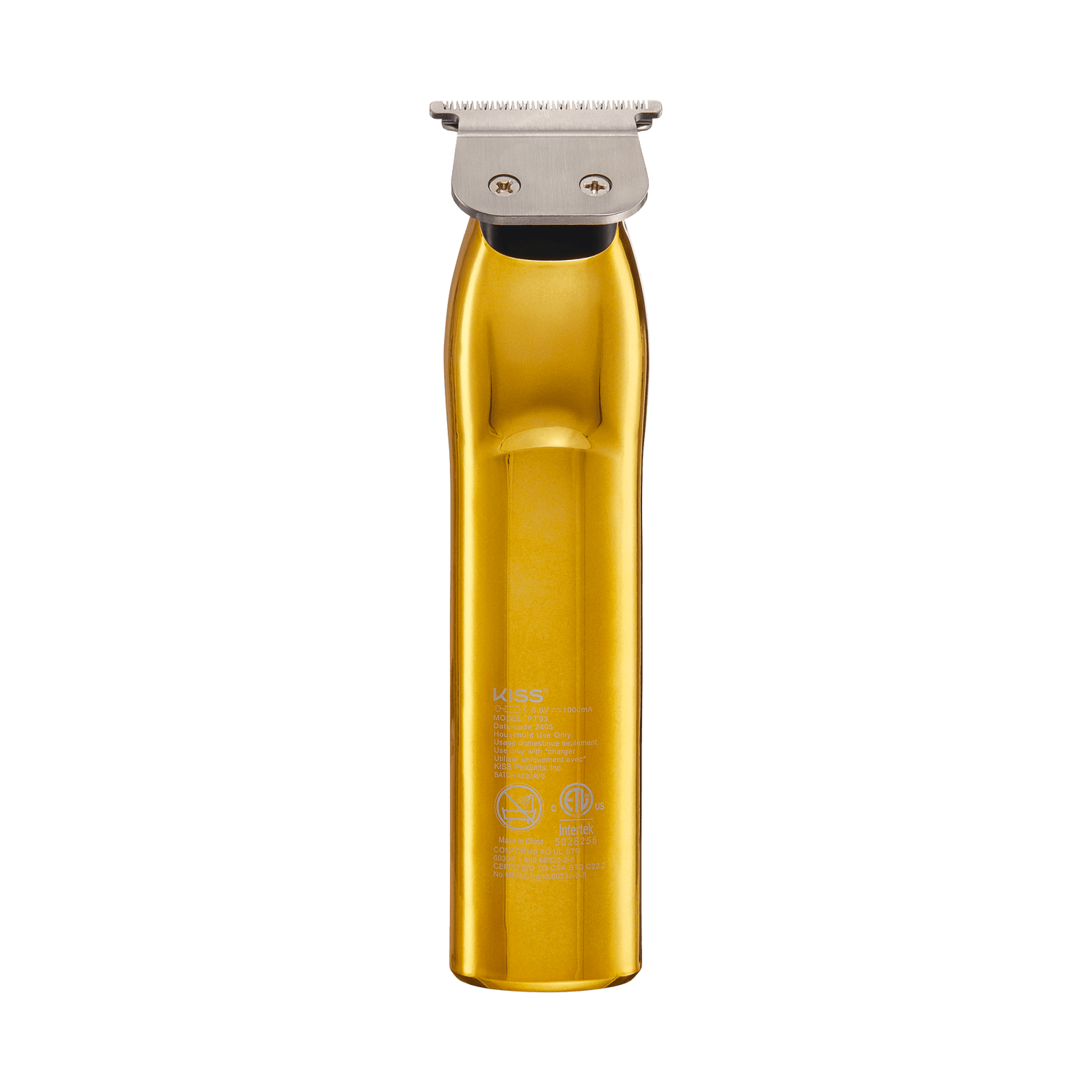 The image shows a gold-colored electric hair trimmer. The trimmer has a sleek, cylindrical body with a metallic finish. The top part features a silver cutting blade with a T-shaped design, suitable for precise trimming. The brand name "Kiss" is printed on the body of the trimmer, along with some additional text and symbols, likely indicating usage instructions and safety warnings. The overall design is modern and professional, suggesting it is a high-quality grooming tool.