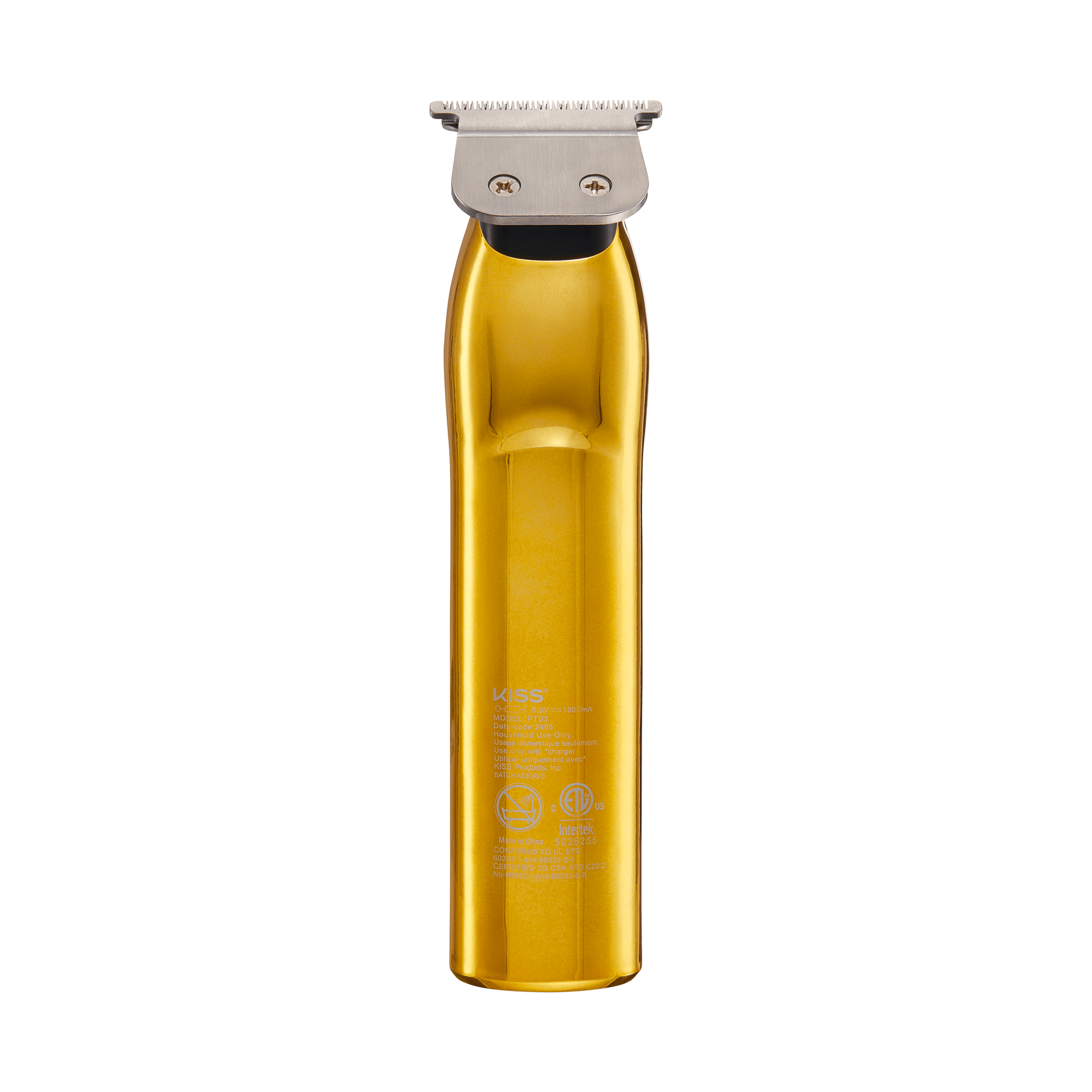 The image shows a gold-colored electric hair trimmer. The trimmer has a sleek, cylindrical body with a metallic finish. The top part features a silver cutting blade with a T-shaped design, suitable for precise trimming. The brand name "Kiss" is printed on the body of the trimmer, along with some additional text and symbols, likely indicating usage instructions and safety warnings. The overall design is modern and professional, suggesting it is a high-quality grooming tool.