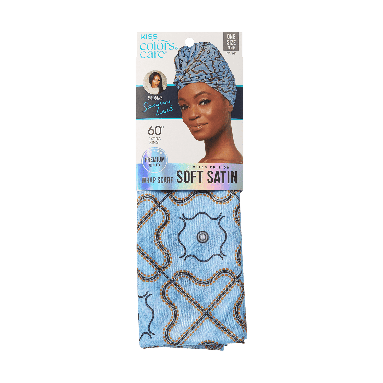 The image features a packaging for a satin wrap scarf from the brand Kiss Colors &amp; Care. The scarf is designed in a light blue color with a decorative pattern that includes geometric shapes in darker shades. The packaging showcases a model wearing the scarf as a head wrap, highlighting its stylish appearance. The product is labeled as a limited edition and is described as being made from premium satin, measuring 60 inches in length. The overall presentation emphasizes both functionality and fashion.