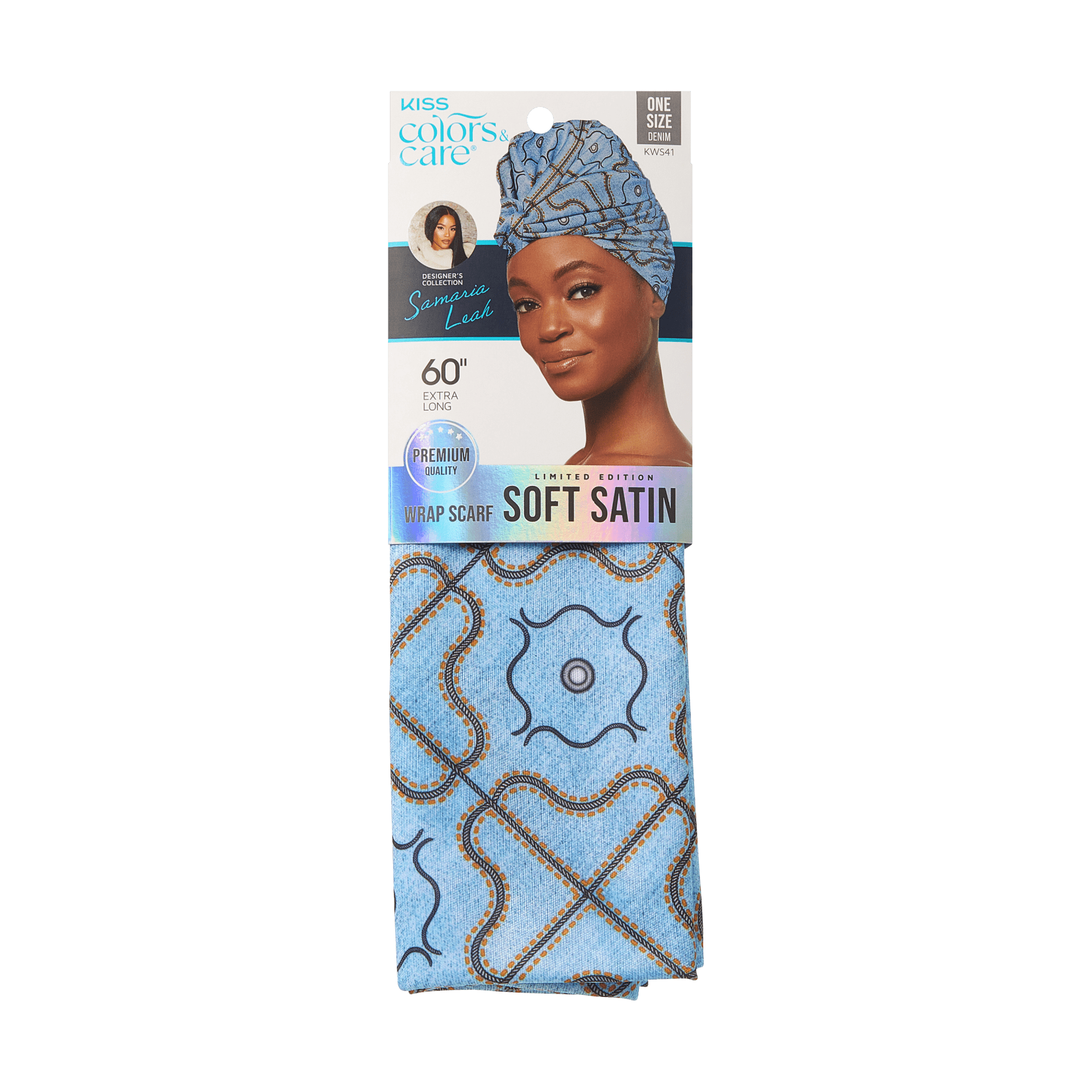 The image features a packaging for a satin wrap scarf from the brand Kiss Colors &amp; Care. The scarf is designed in a light blue color with a decorative pattern that includes geometric shapes in darker shades. The packaging showcases a model wearing the scarf as a head wrap, highlighting its stylish appearance. The product is labeled as a limited edition and is described as being made from premium satin, measuring 60 inches in length. The overall presentation emphasizes both functionality and fashion.