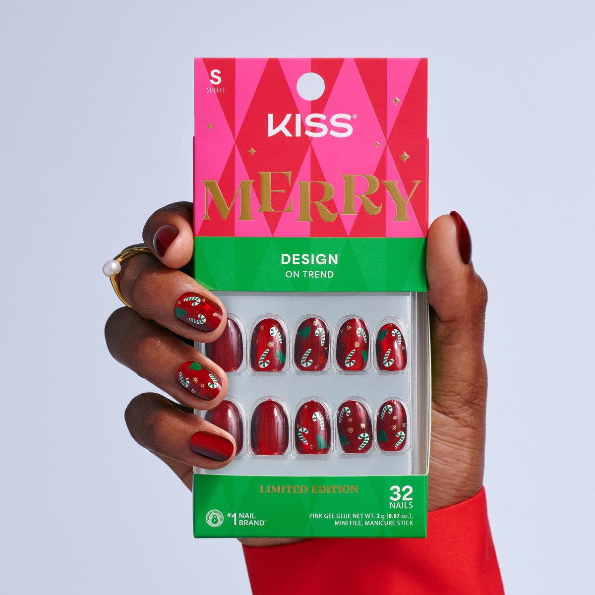 Kiss Merry Holiday Press On Fake Glue Nails - Sleigh My Name | Design, Red, Short, Round