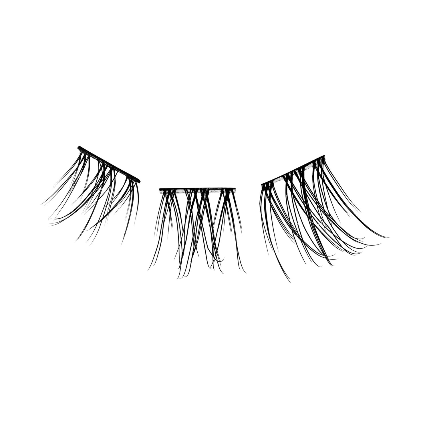 The image features three pairs of false eyelashes arranged in a row. Each pair has a distinct style, showcasing varying lengths and thicknesses of the individual lashes. The lashes are black, with a delicate and feathery appearance, designed to enhance the eyes by adding volume and length. The overall presentation emphasizes the elegance and versatility of false eyelashes in makeup applications.