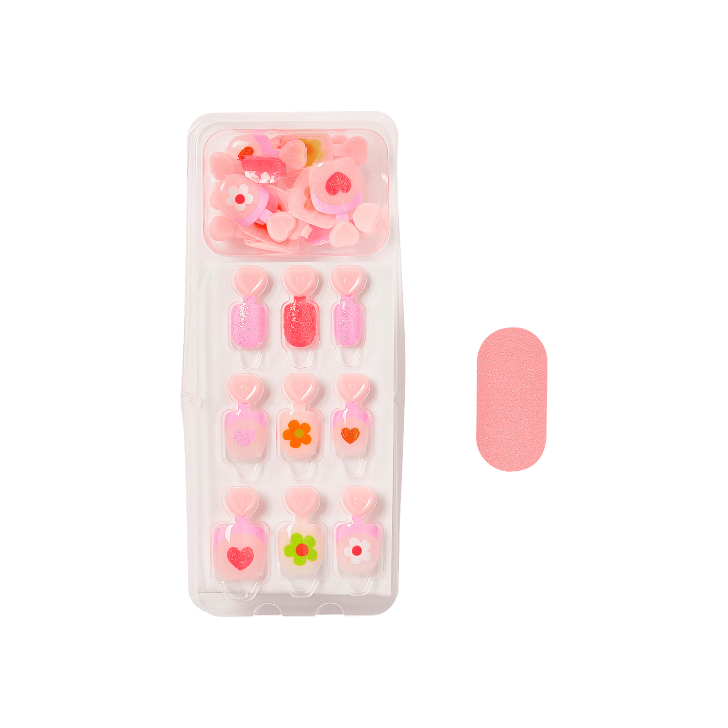 The image features a plastic container filled with various decorative nail art pieces. The top section contains small, colorful flower-shaped embellishments in shades of pink, red, and yellow. Below, there are several nail tips, each adorned with different designs, including hearts and flowers, all in a pastel color palette. To the side, there is a single pink nail tip that appears to be plain. The overall aesthetic is playful and vibrant, perfect for adding a fun touch to manicures.