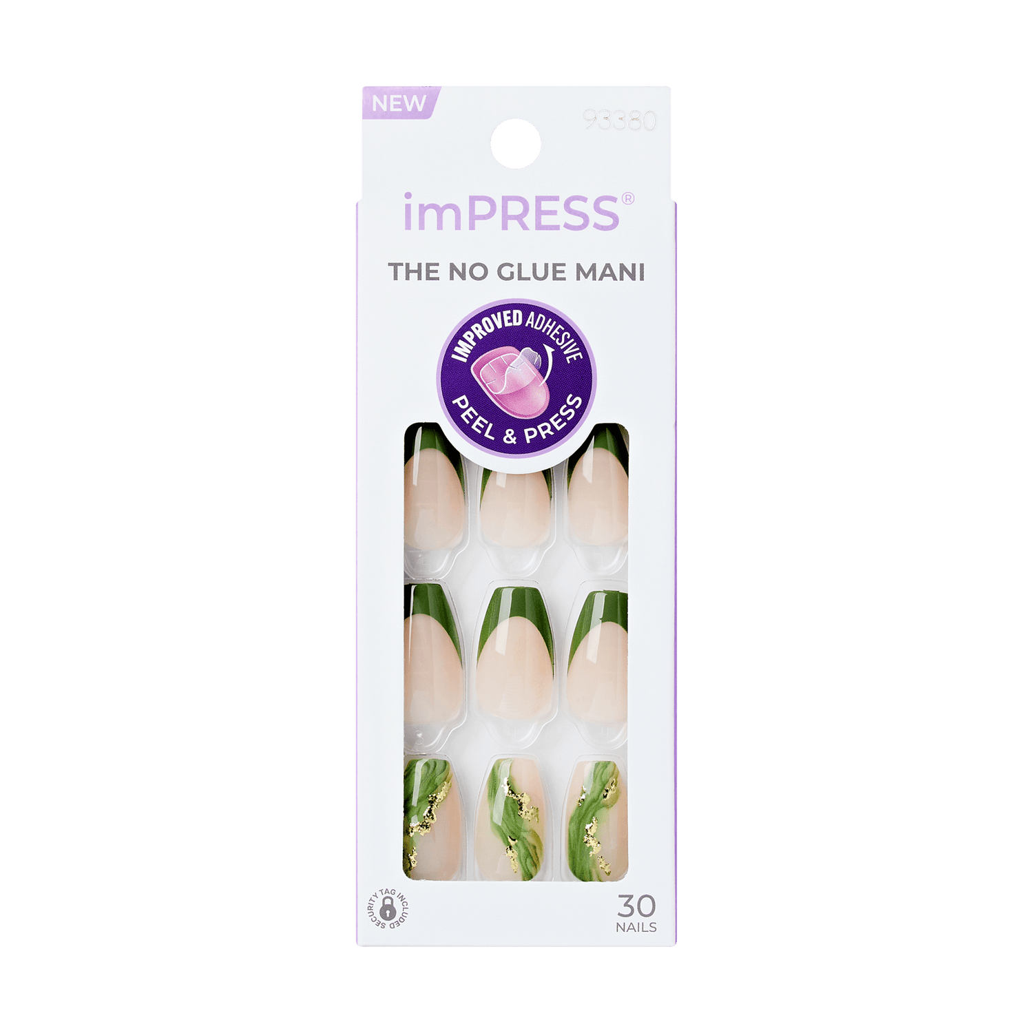 Pack of 30 imPRESS press-on nails with ballerina shape, featuring nude base with dark green French tips and green marble accents with gold flecks, no glue needed.