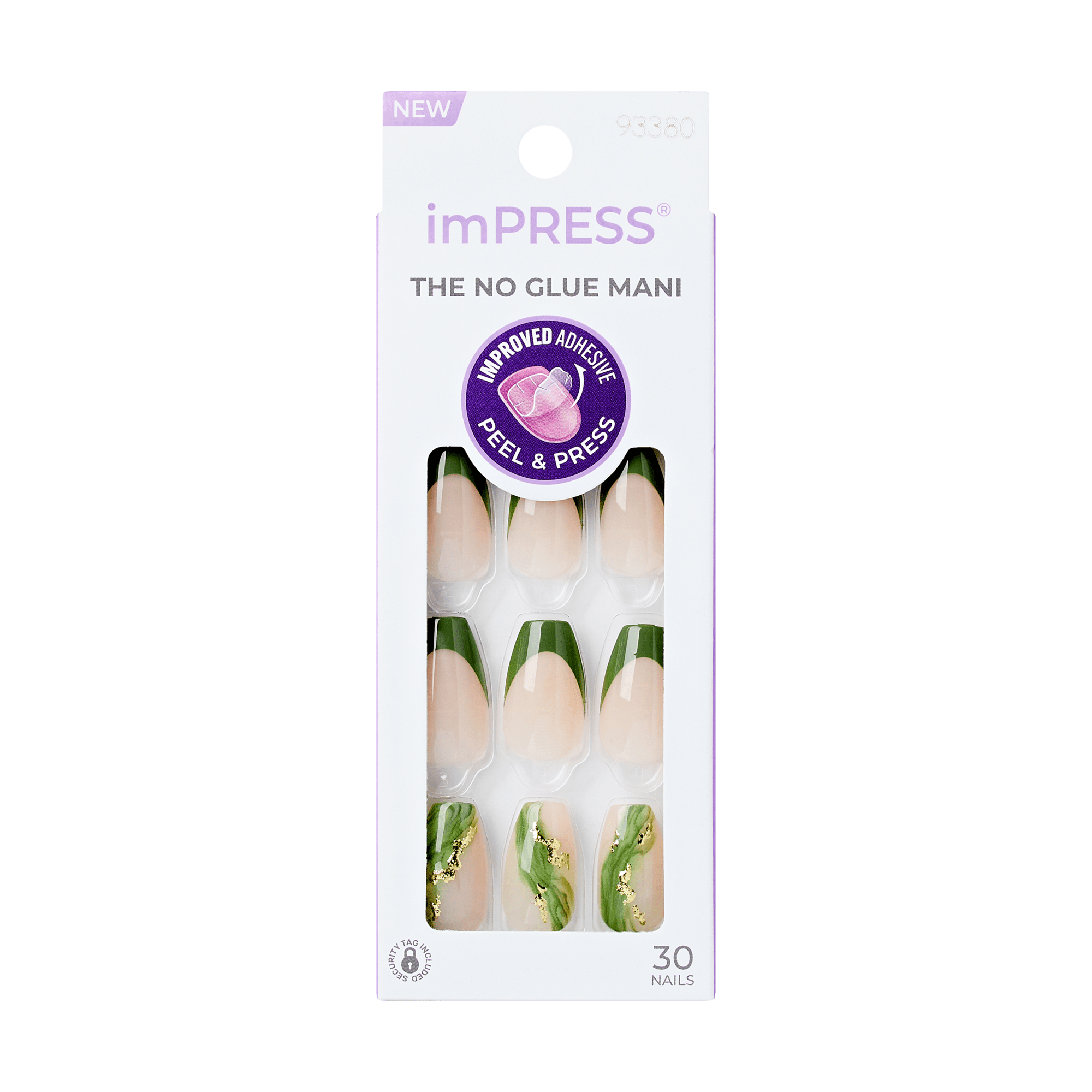 Pack of 30 imPRESS press-on nails with ballerina shape, featuring nude base with dark green French tips and green marble accents with gold flecks, no glue needed.