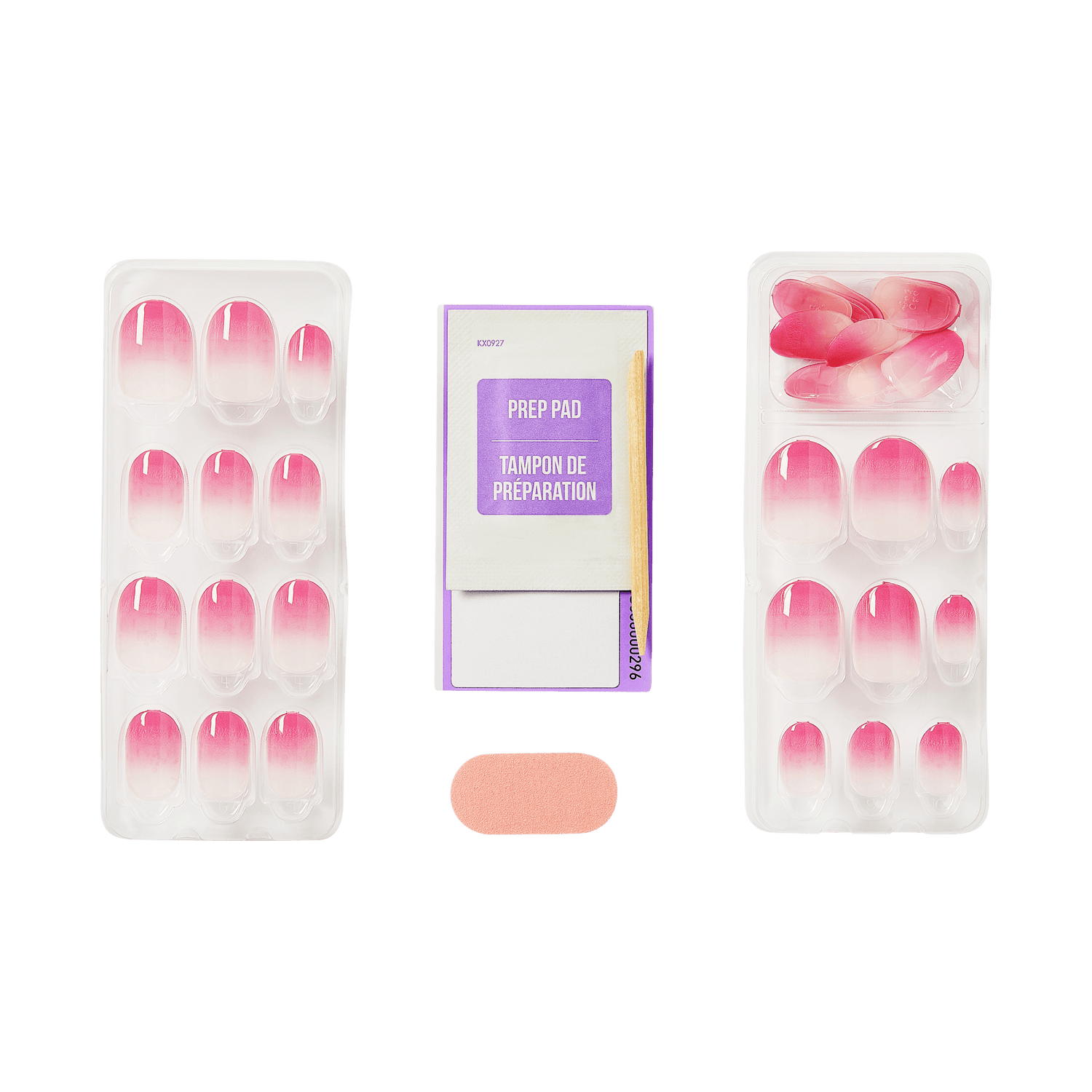The image features a nail kit that includes two trays of artificial nails, each displaying a gradient design that transitions from a light pink to a darker pink at the tips. In the center, there is a prep pad for nail preparation, along with a wooden cuticle stick. A small pink nail file is also visible, positioned at the bottom of the image. The overall arrangement suggests a complete set for applying the artificial nails.