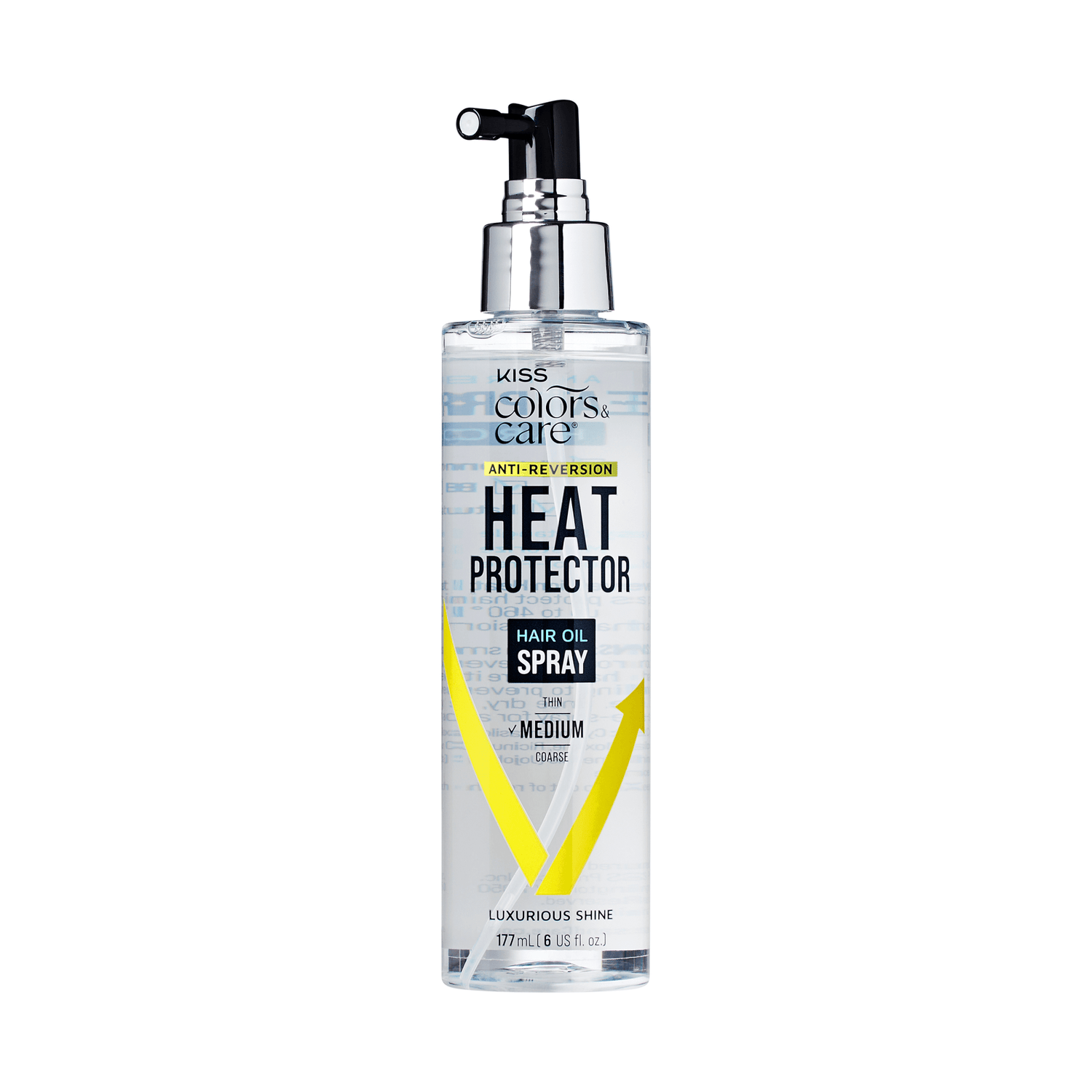 Clear spray bottle of KISS Colors &amp; Care Anti-Reversion Heat Protector Hair Oil Spray with black pump, yellow arrows, and text highlighting medium hold and luxurious shine.