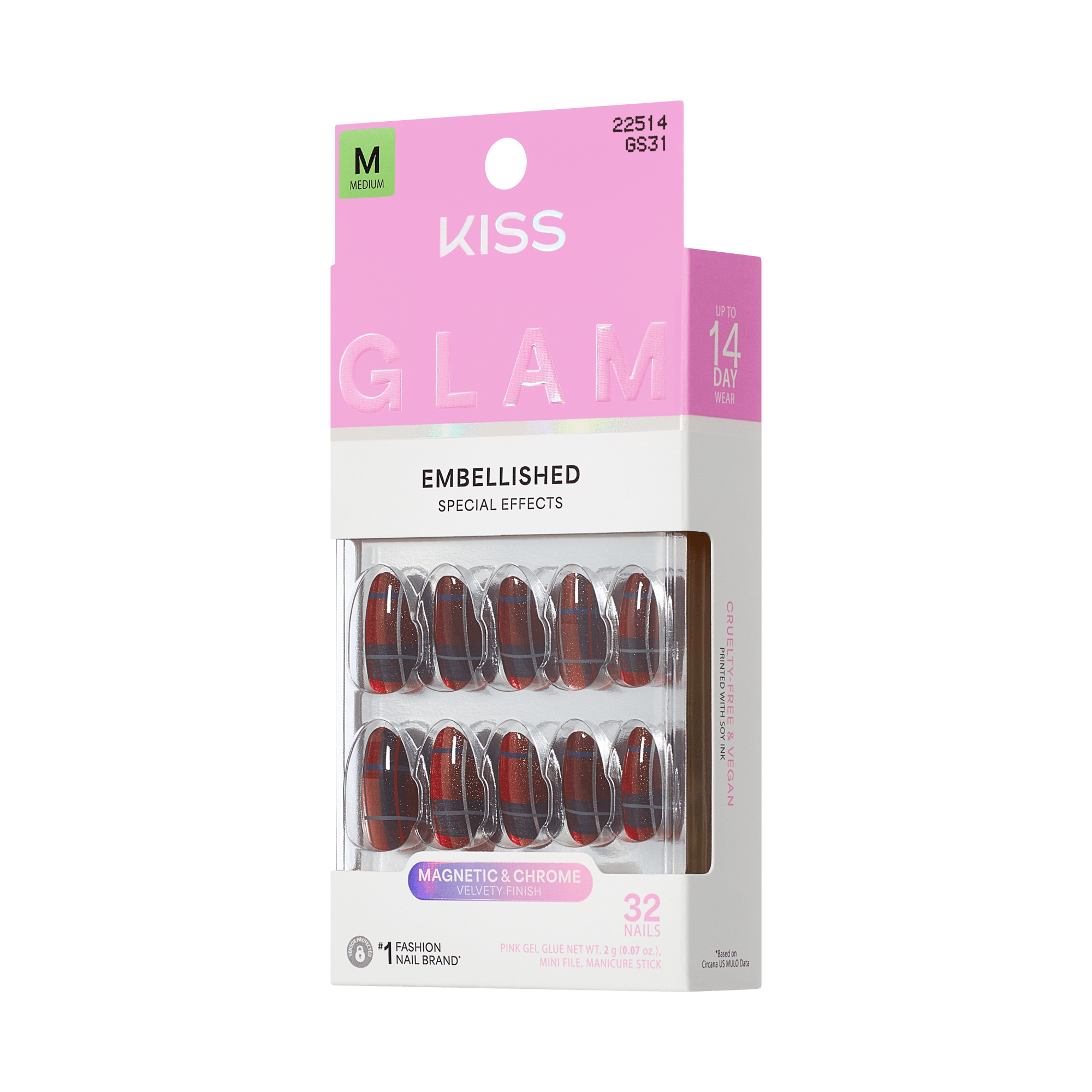 Kiss Glam Embellished Press On Fake Glue Nails - Mirror | 3D &amp; Jewel Design, Red, Medium, Almond