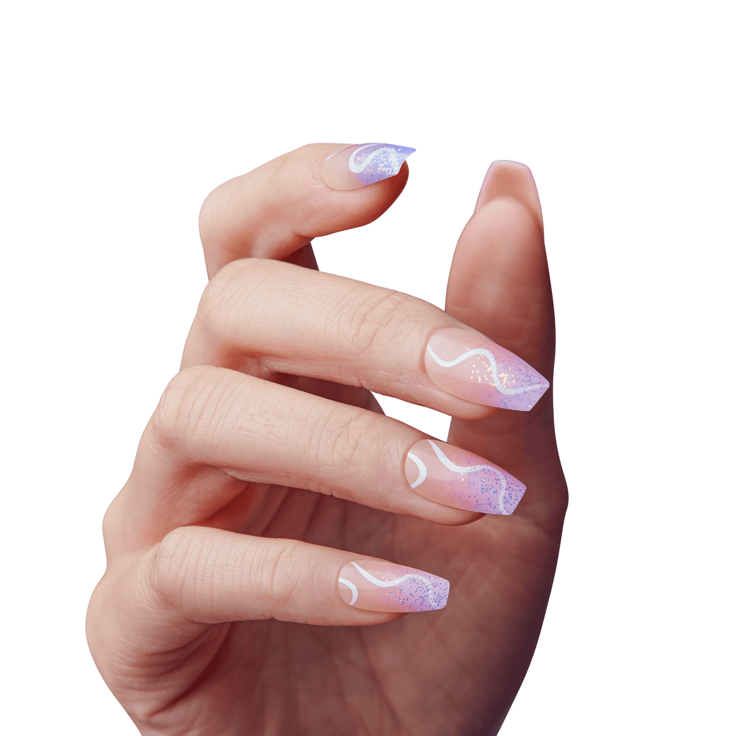 The image shows a close-up of a hand with manicured nails. The nails are long and have a pointed shape. They are decorated with a gradient design that transitions from a light pink at the base to a light purple at the tips. The nails also feature white, swirling patterns and a subtle glitter effect, giving them a stylish and elegant appearance. The background is a plain, light gray color, which helps to highlight the details of the nail art.