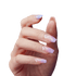 The image shows a close-up of a hand with manicured nails. The nails are long and have a pointed shape. They are decorated with a gradient design that transitions from a light pink at the base to a light purple at the tips. The nails also feature white, swirling patterns and a subtle glitter effect, giving them a stylish and elegant appearance. The background is a plain, light gray color, which helps to highlight the details of the nail art.