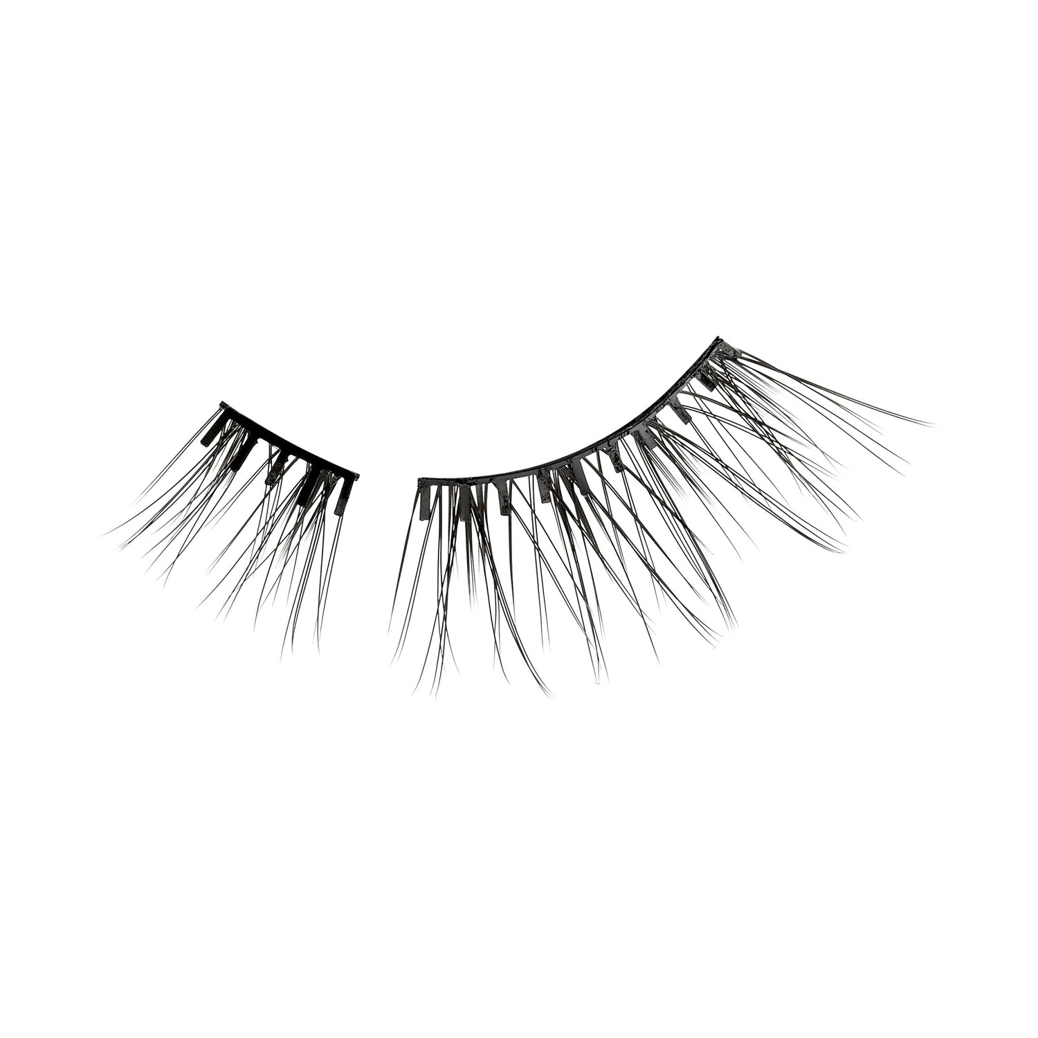 The image features a pair of false eyelashes. One strip is slightly separated from the other, showcasing a dramatic, elongated design. The lashes are black and have varying lengths, with the outer edges being longer and more pronounced, creating a fluttery effect. The background is plain white, emphasizing the lashes&