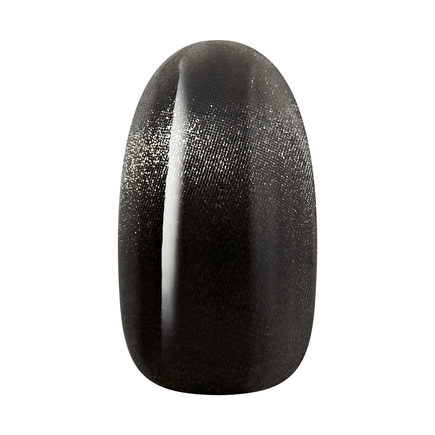 The image features a nail tip with a sleek, glossy finish. The color is a deep black, exhibiting a subtle shimmer that catches the light, creating a sophisticated and elegant appearance. The surface is smooth and reflective, highlighting the nail&