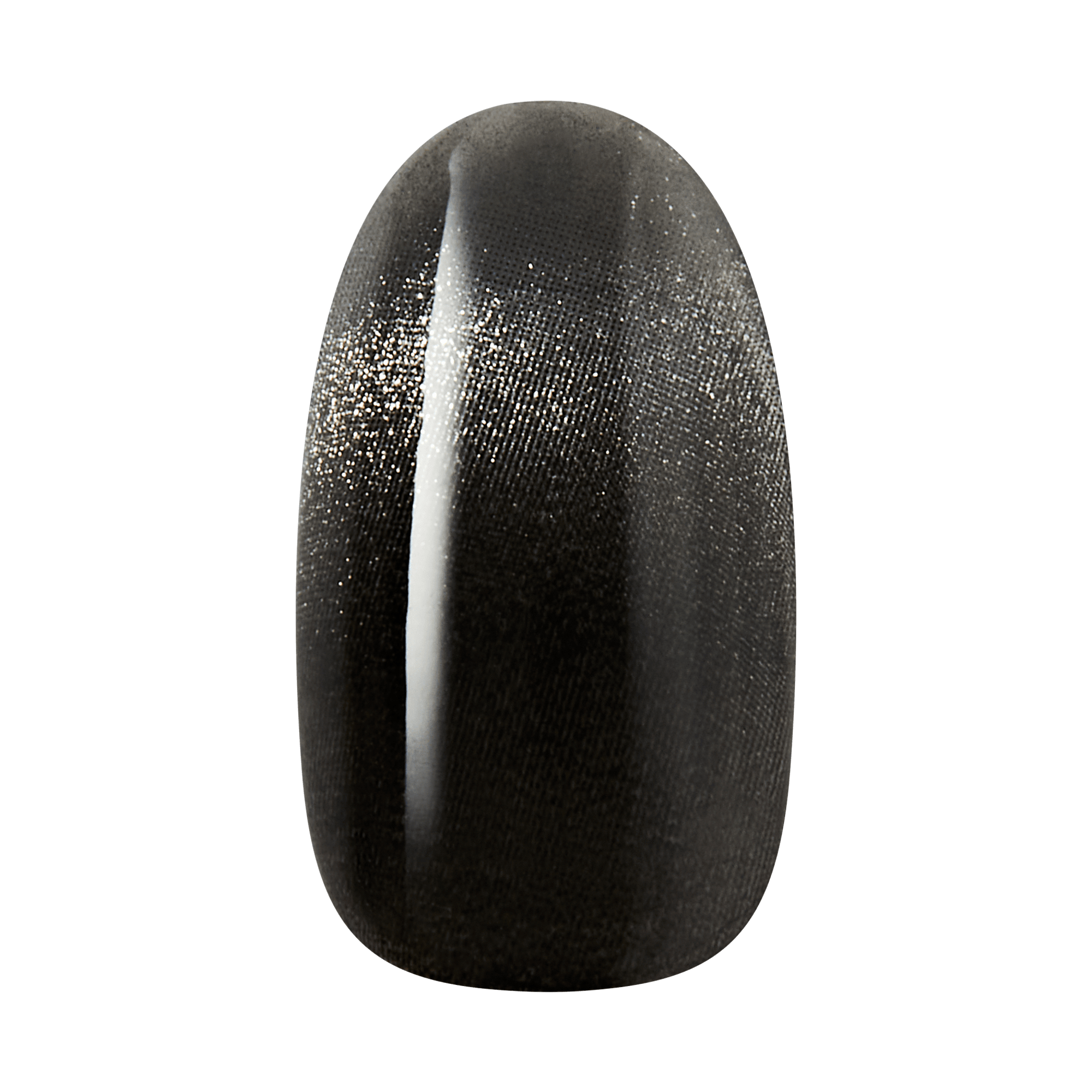 The image features a nail tip with a sleek, glossy finish. The color is a deep black, exhibiting a subtle shimmer that catches the light, creating a sophisticated and elegant appearance. The surface is smooth and reflective, highlighting the nail&