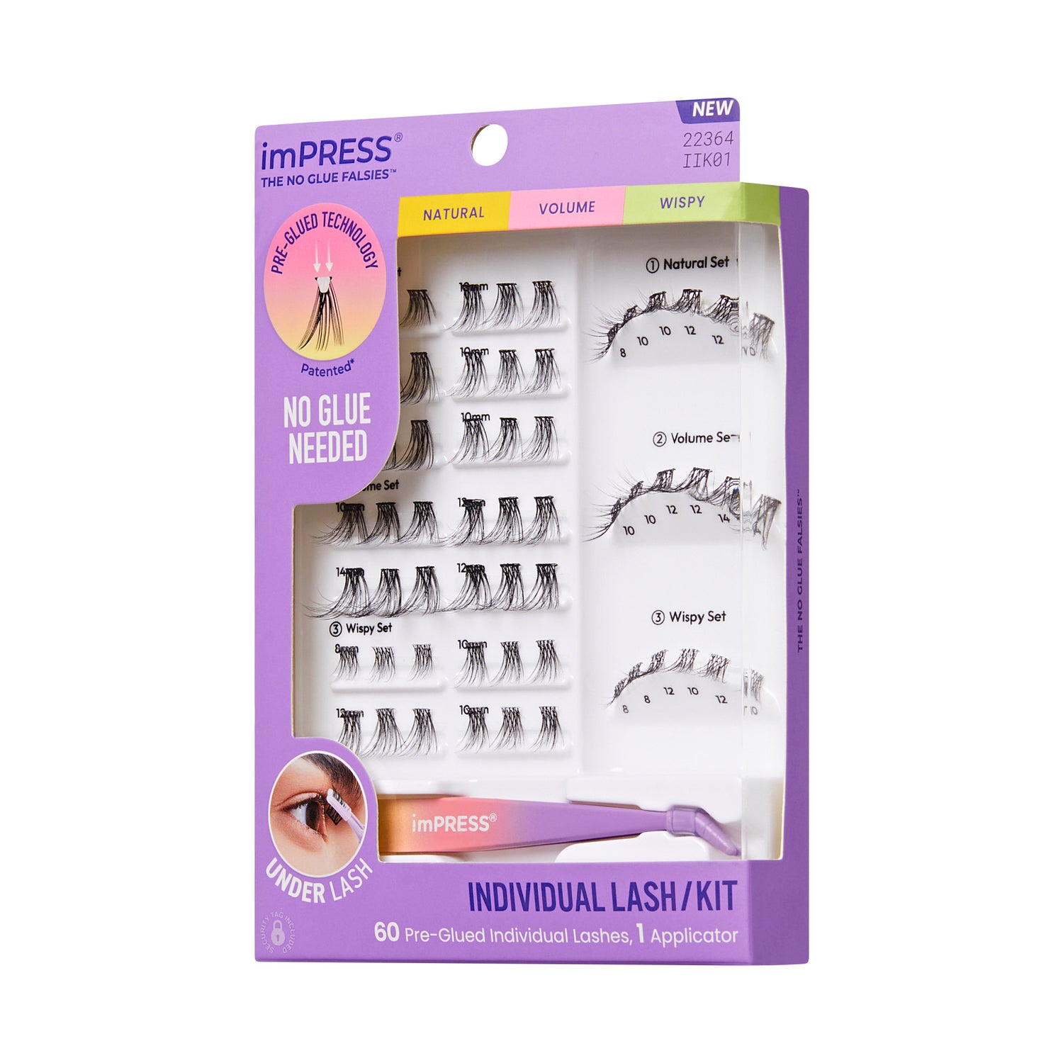 imPRESS Individual Lash Kit with 60 pre-glued lashes and applicator, no glue needed