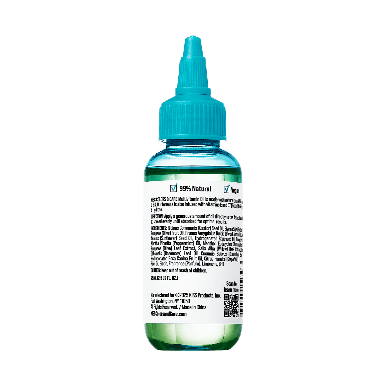 Transparent bottle with blue cap containing green KISS Colors &amp; Care Multivitamin Oil - Peppermint, label highlights "99% Natural" and "Vegan."