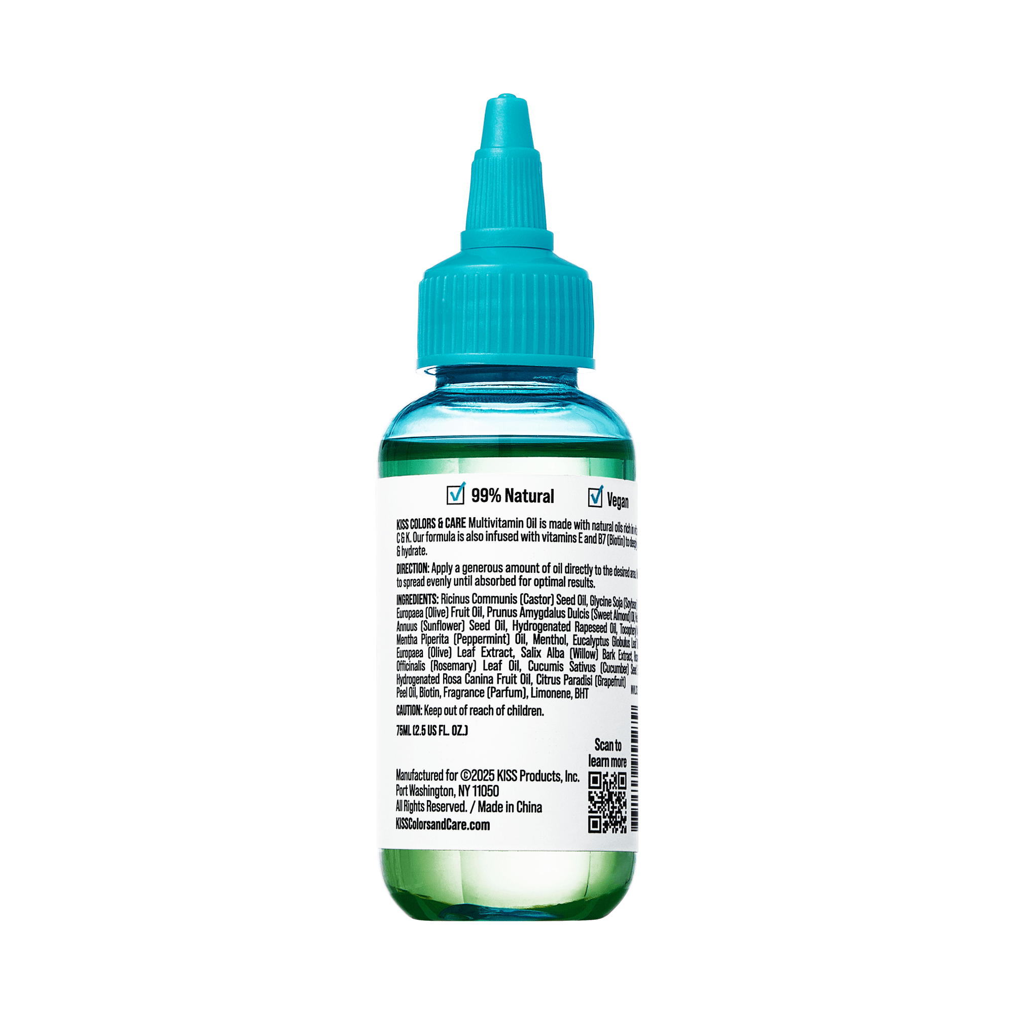 Transparent bottle with blue cap containing green KISS Colors &amp; Care Multivitamin Oil - Peppermint, label highlights "99% Natural" and "Vegan."