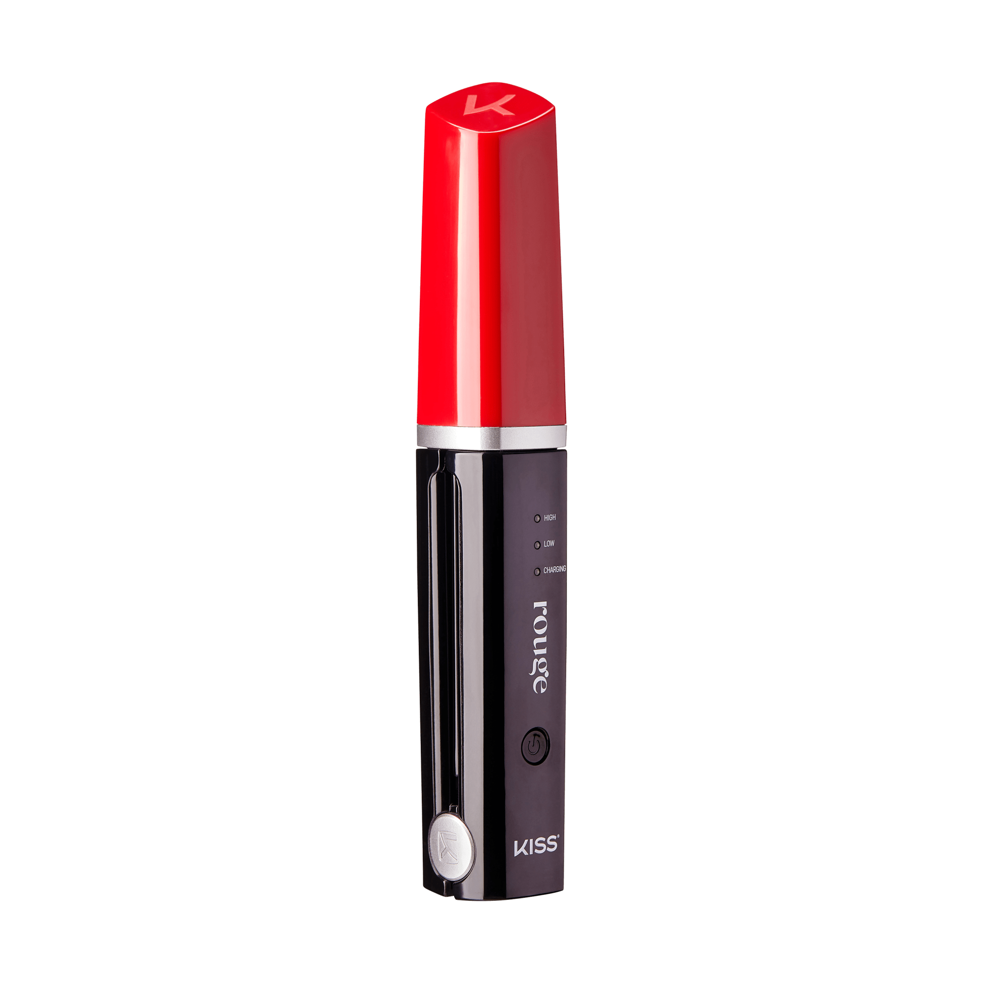 KISS Rouge Portable Lip Device with red cap and black body, featuring control buttons.