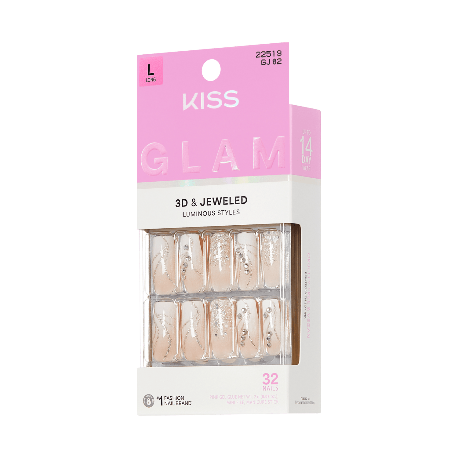 KISS Glam 3D &amp; Jeweled Luminous Styles Fake Nails, Size L, 32 Count