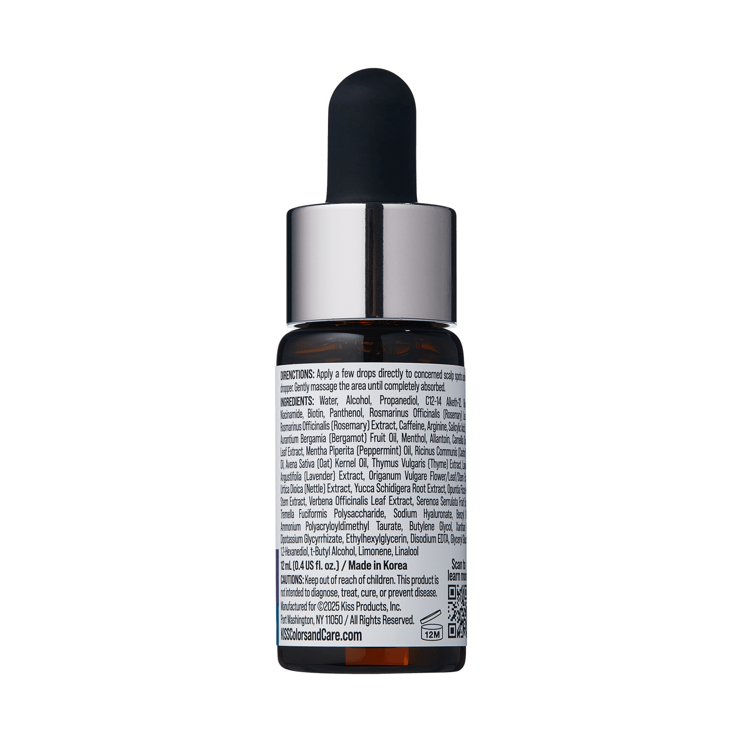 Small amber dropper bottle with silver cap labeled with detailed ingredients and directions, made in Korea, for spot fixer growth serum.