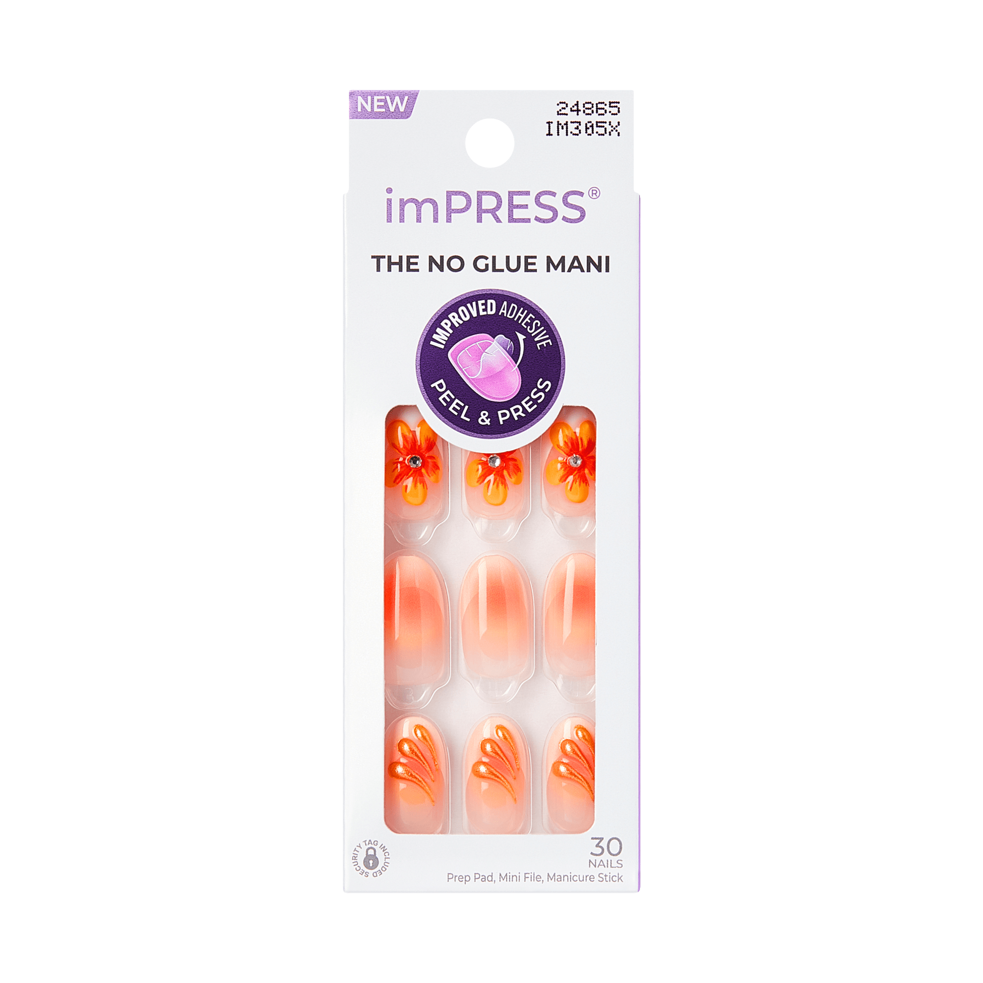 imPRESS The No Glue Mani press-on nails packaging, 30 nails, featuring orange floral designs with rhinestones, Peel &amp; Press improved adhesive technology