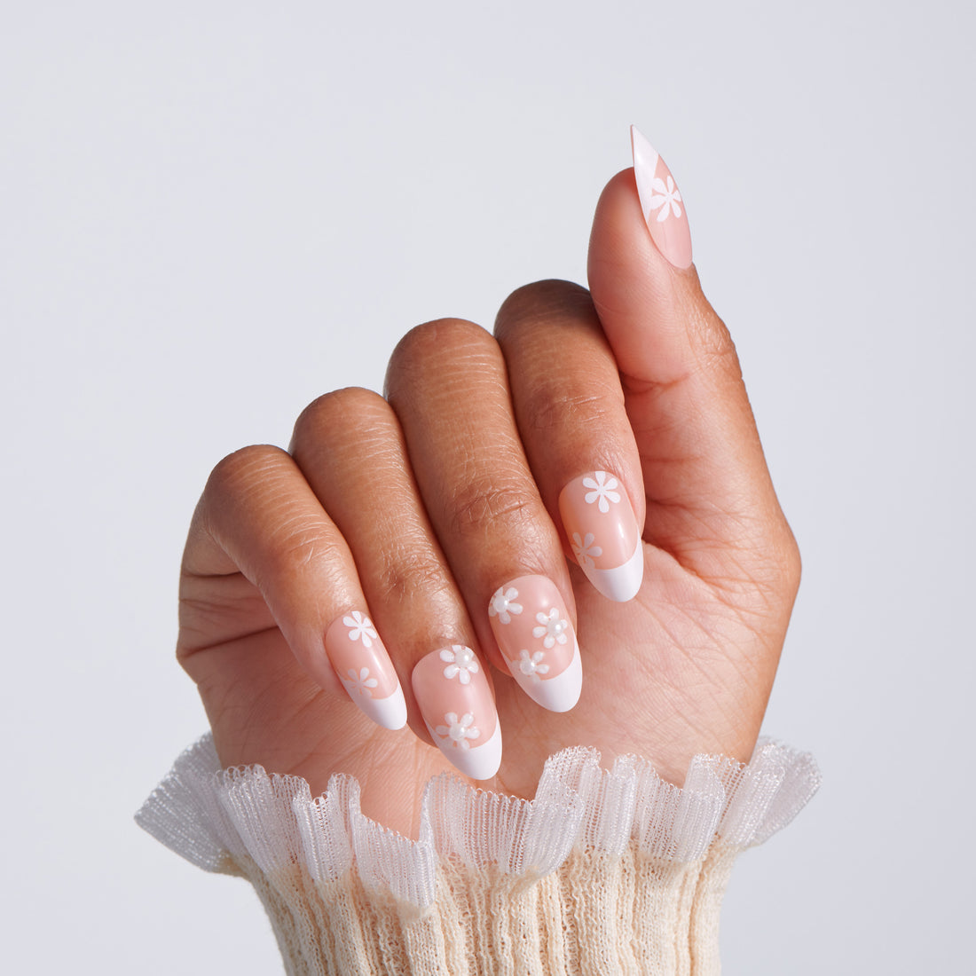 Kiss Glam Jeweled Press On Fake Glue Nails - Crystal Bloom | 3D &amp; Jeweled French Design, White, Medium, Almond