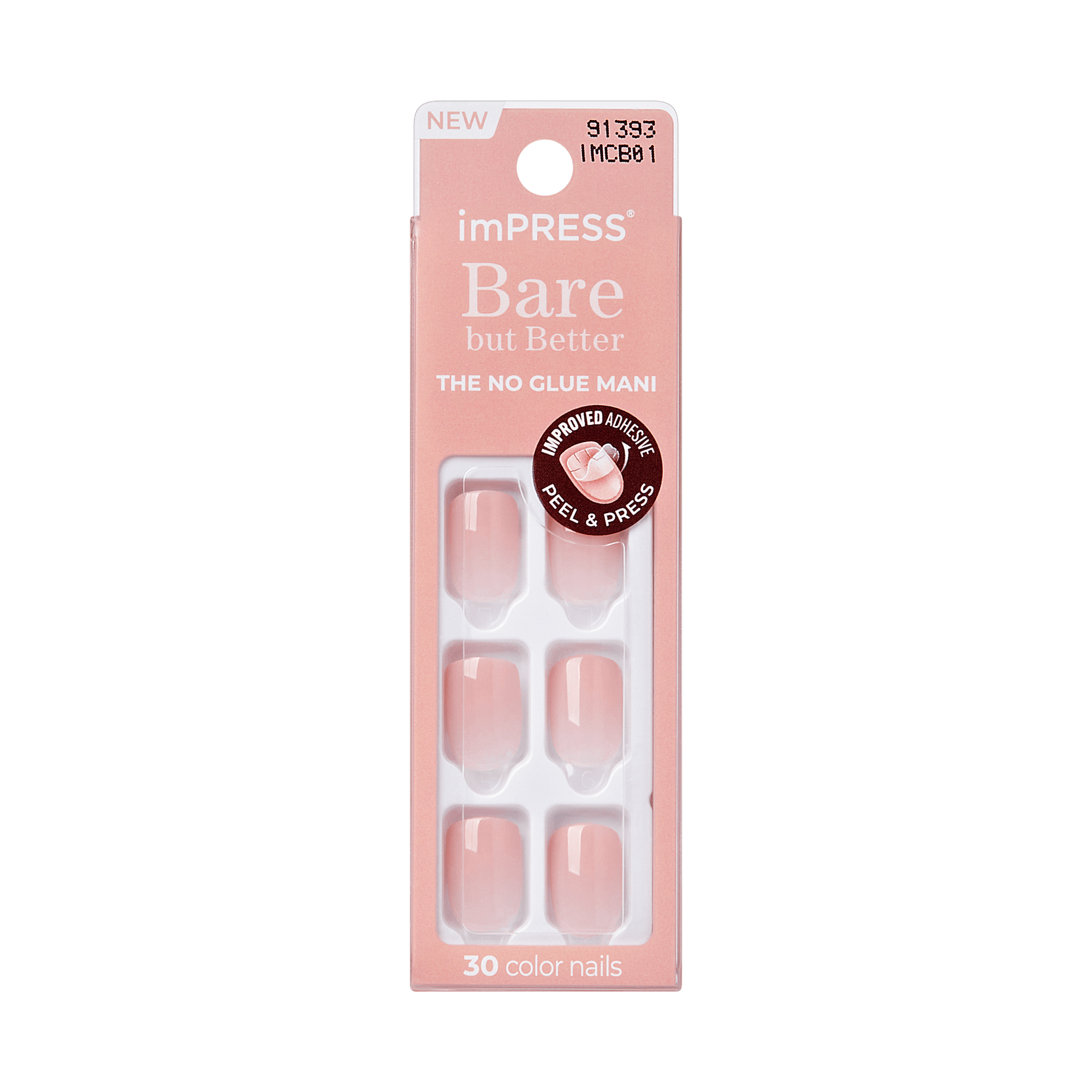 Packaging of imPRESS Bare but Better press on nails in soft pink, showing 6 visible nails inside. Text highlights \