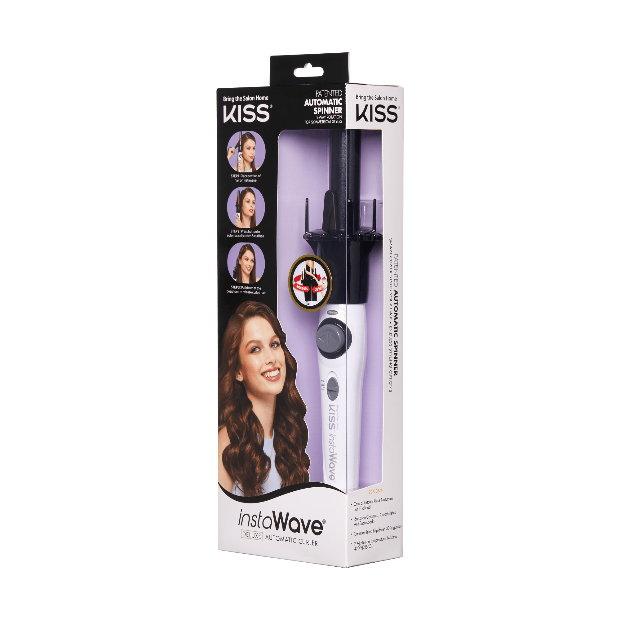 Kiss InstaWave Deluxe Automatic Hair Curler in white and black, shown in packaging with steps for use and a smiling woman with long, curled brown hair.