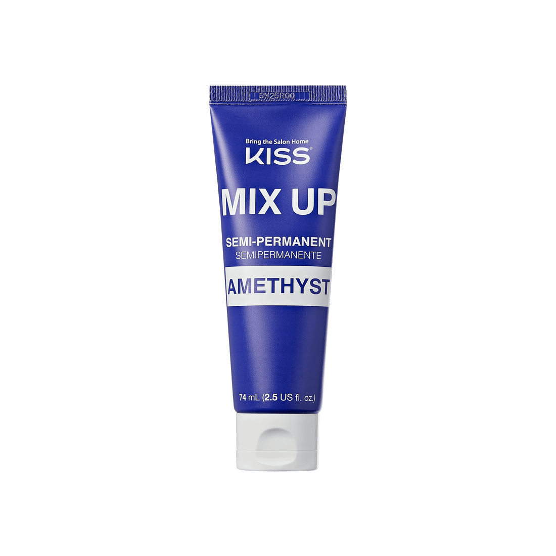 The image shows a tube of hair dye from the brand "KISS." The product is labeled "MIX UP" and is a semi-permanent hair color. The specific shade is "Amethyst." The tube is predominantly purple with white text and has a capacity of 74 ml (2.5 US fl. oz.). The phrase "Bring the Salon Home" is also visible at the top of the tube.