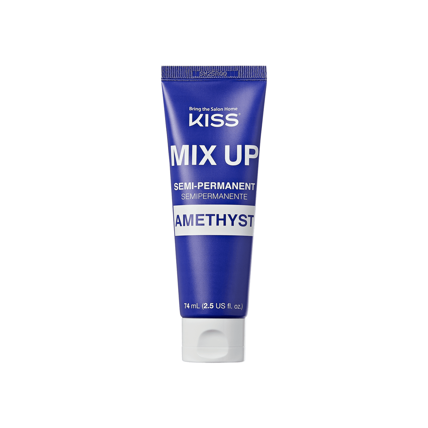 The image shows a tube of hair dye from the brand "KISS." The product is labeled "MIX UP" and is a semi-permanent hair color. The specific shade is "Amethyst." The tube is predominantly purple with white text and has a capacity of 74 ml (2.5 US fl. oz.). The phrase "Bring the Salon Home" is also visible at the top of the tube.