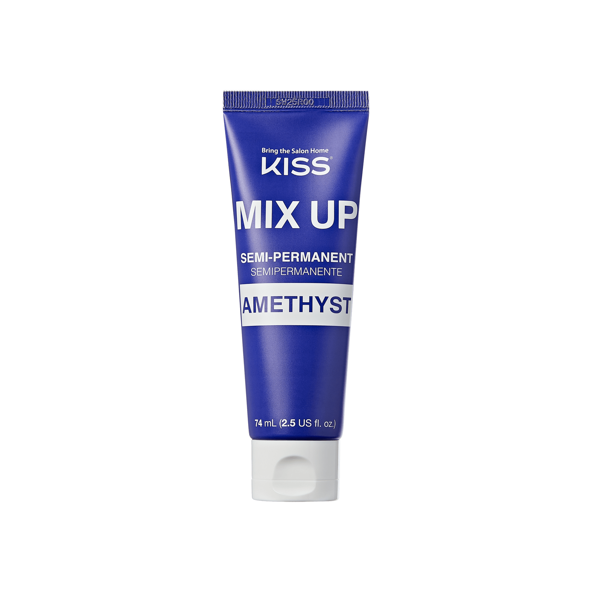 The image shows a tube of hair dye from the brand "KISS." The product is labeled "MIX UP" and is a semi-permanent hair color. The specific shade is "Amethyst." The tube is predominantly purple with white text and has a capacity of 74 ml (2.5 US fl. oz.). The phrase "Bring the Salon Home" is also visible at the top of the tube.