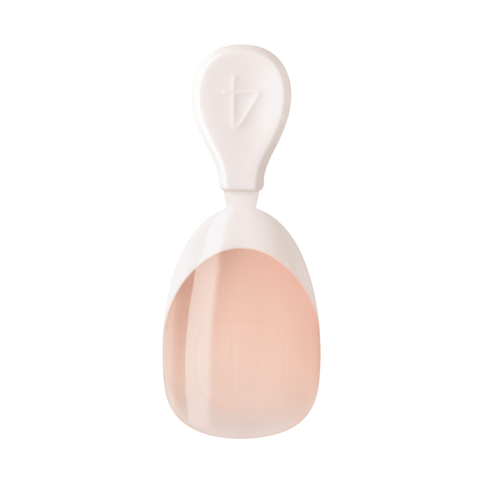 The image shows a white plastic scoop with a handle. The scoop has a smooth, rounded design and appears to be used for measuring or scooping purposes. The handle has a raised symbol or letter on it, which looks like a stylized "A". The scoop itself is semi-transparent with a slight pinkish hue. The overall design is sleek and modern.