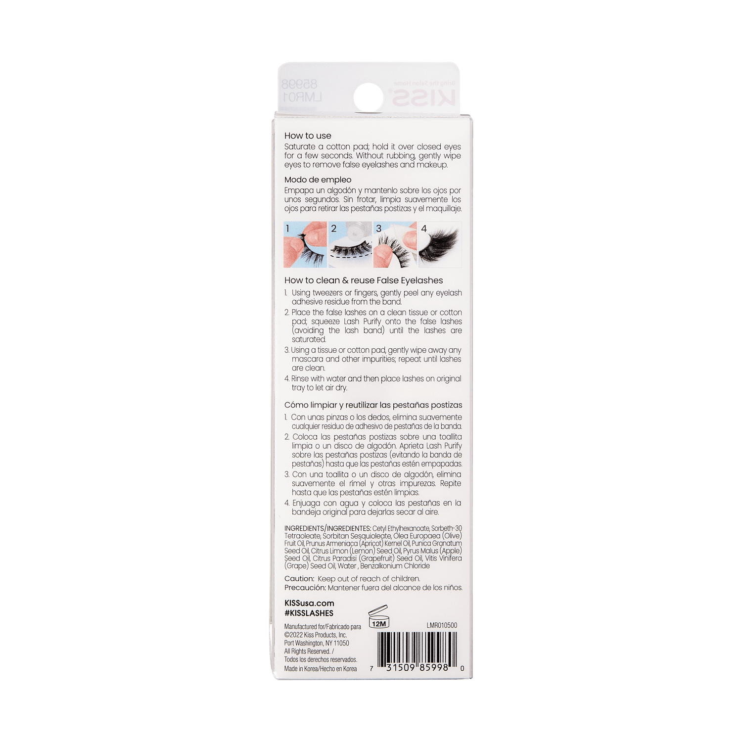 Back of KISS Lash Purify Eye Makeup Remover and Lash Cleanser packaging showing usage instructions in English and Spanish, small images demonstrating eyelash cleaning steps, ingredients list, and caution to keep out of reach of children.