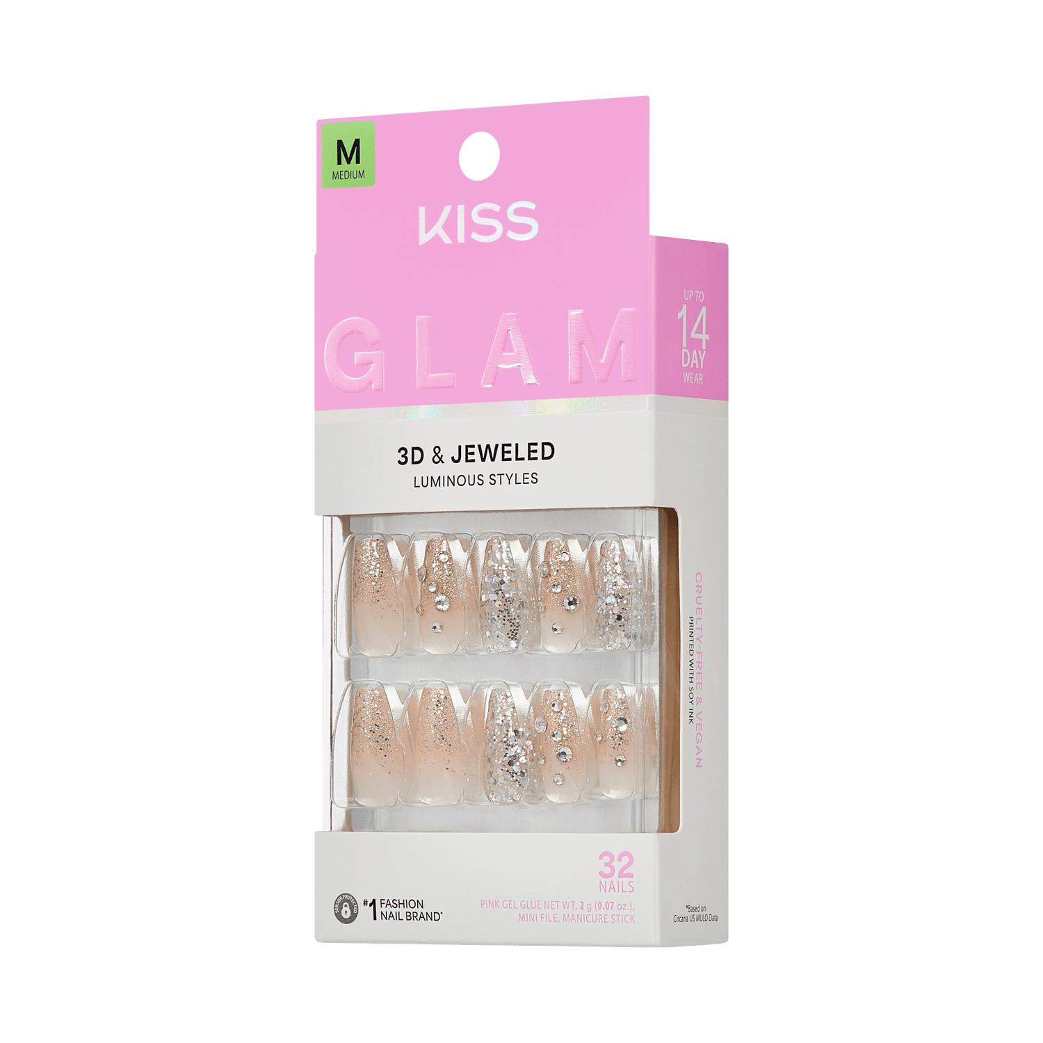 Kiss Glam 3D &amp; Jeweled Press On Fake Glue Nails - Yours | 3D &amp; Jewel Design, Pink, Medium, Coffin