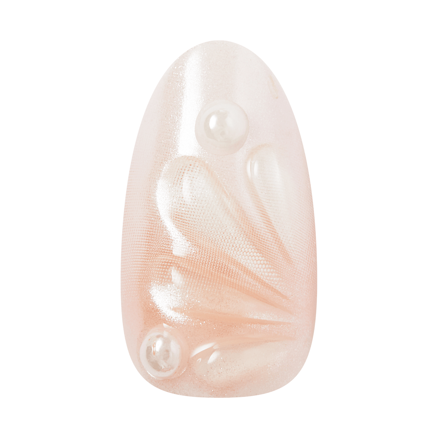 Oval nude nail with white leaf design and pearl embellishments