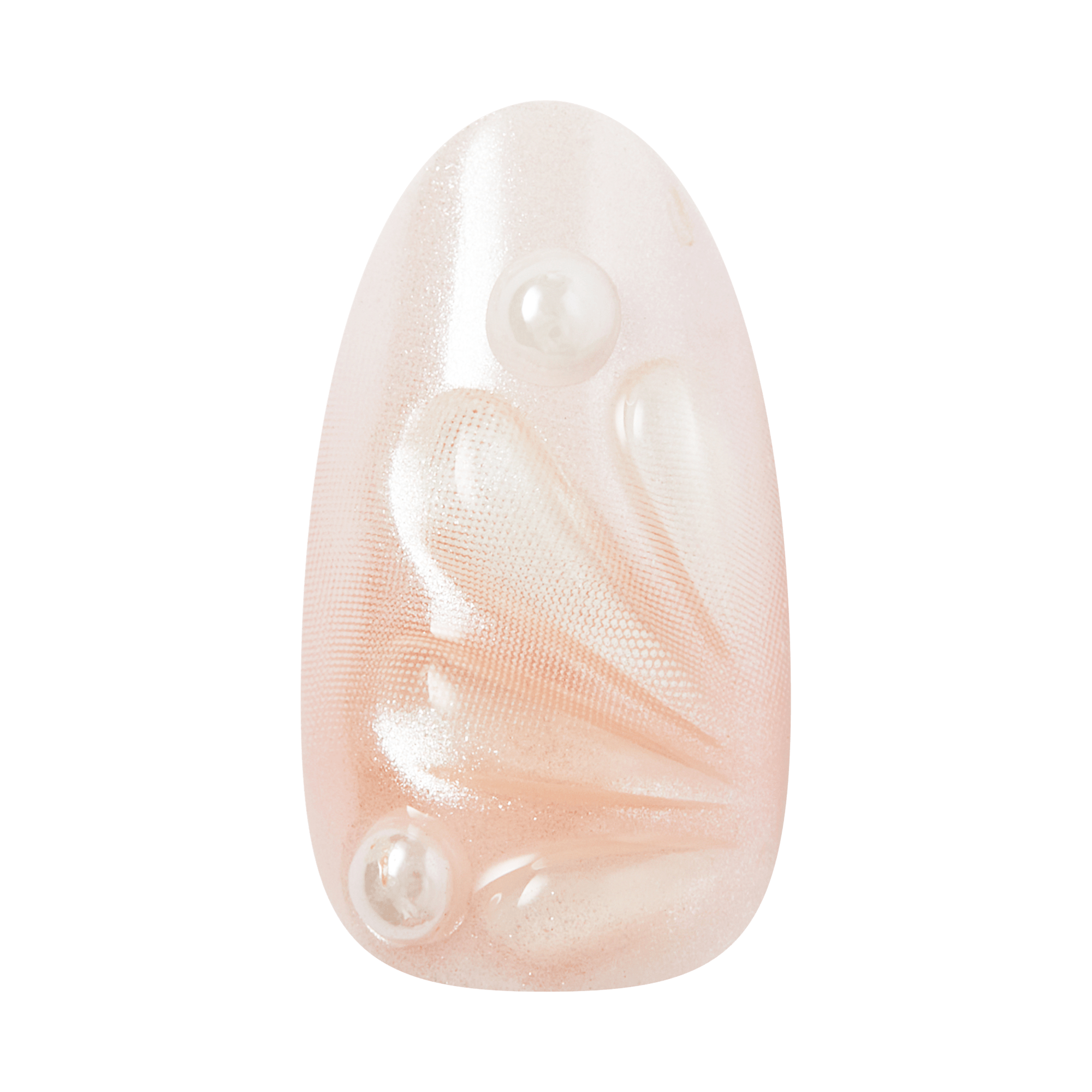 Oval nude nail with white leaf design and pearl embellishments