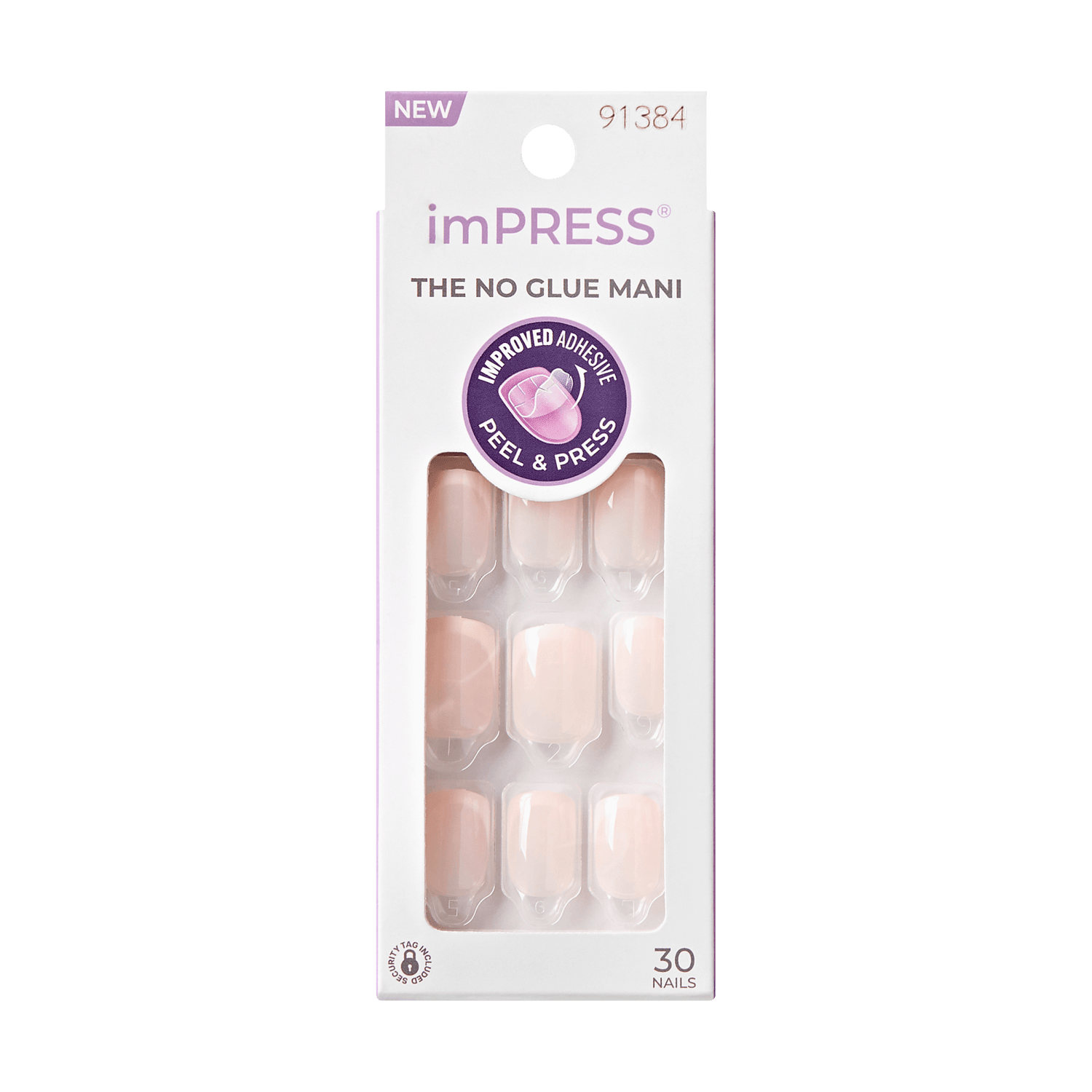 The image features a packaging for imPRESS press-on nails. The design is sleek and modern, showcasing a set of artificial nails in a soft, nude color. The packaging is predominantly white with a clear front that displays the nails inside. It includes the text "NEW" and "THE NO GLUE MANI" prominently, indicating that these nails use an improved adhesive that allows for easy application by peeling and pressing. The package contains 30 nails, suggesting a variety of sizes for a customizable fit.