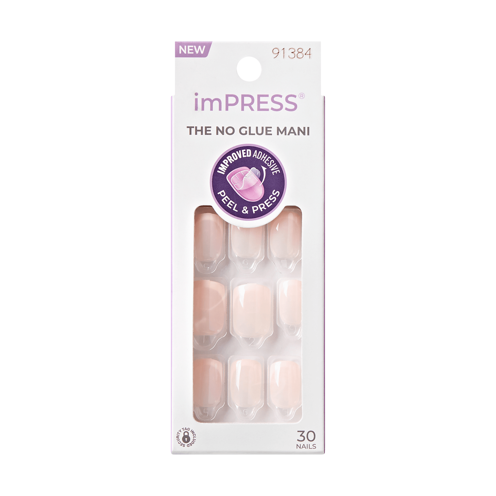 The image features a packaging for imPRESS press-on nails. The design is sleek and modern, showcasing a set of artificial nails in a soft, nude color. The packaging is predominantly white with a clear front that displays the nails inside. It includes the text "NEW" and "THE NO GLUE MANI" prominently, indicating that these nails use an improved adhesive that allows for easy application by peeling and pressing. The package contains 30 nails, suggesting a variety of sizes for a customizable fit.