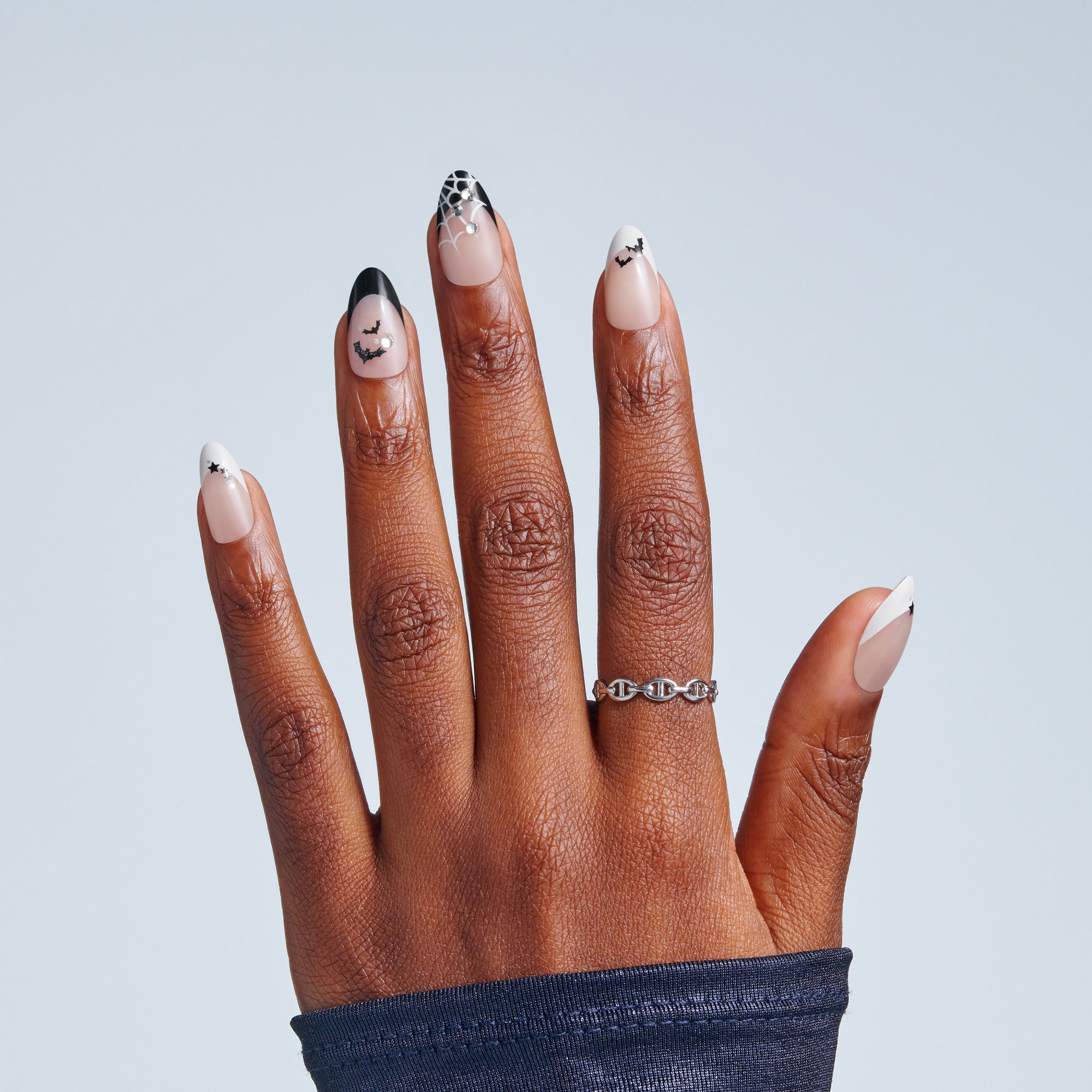 Kiss Haunt Halloween Press On Fake Glue Nails - HalloQueen | French Design, Black &amp; White, Medium, Almond, Glow In The Dark