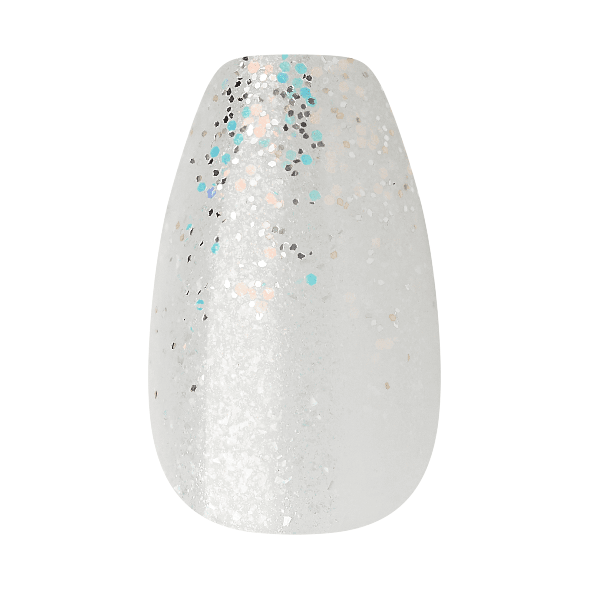 The image shows a single artificial nail tip. The nail tip has a glossy, translucent white base color. It is adorned with various sizes of glitter particles in silver, blue, and iridescent hues, giving it a sparkling and festive appearance. The glitter is distributed unevenly, with a denser concentration towards the top of the nail, gradually becoming sparser towards the bottom. The overall look is elegant and eye-catching, suitable for special occasions or festive events.